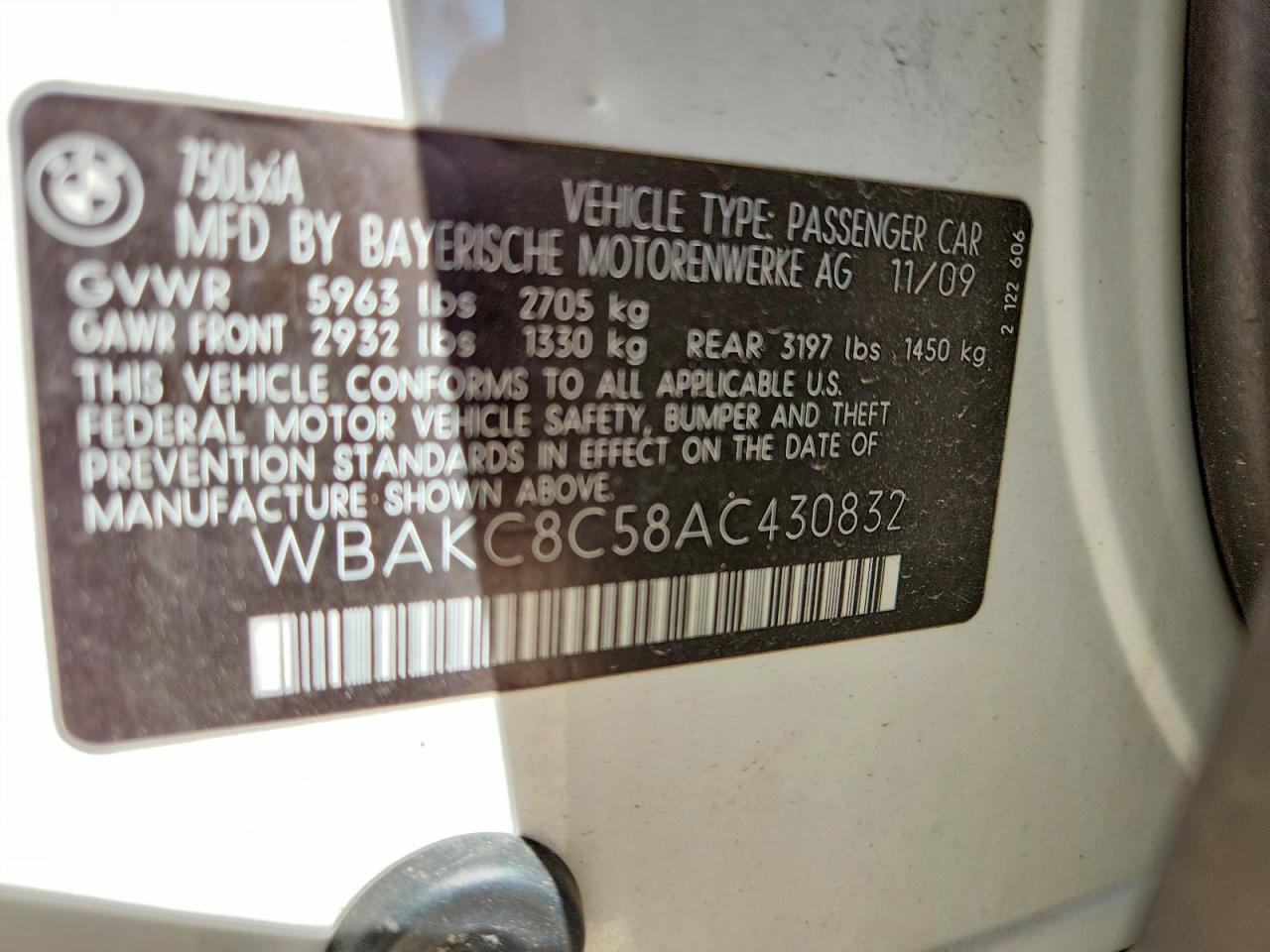 2010 Bmw 750 Li Xdrive White vin: WBAKC8C58AC430832