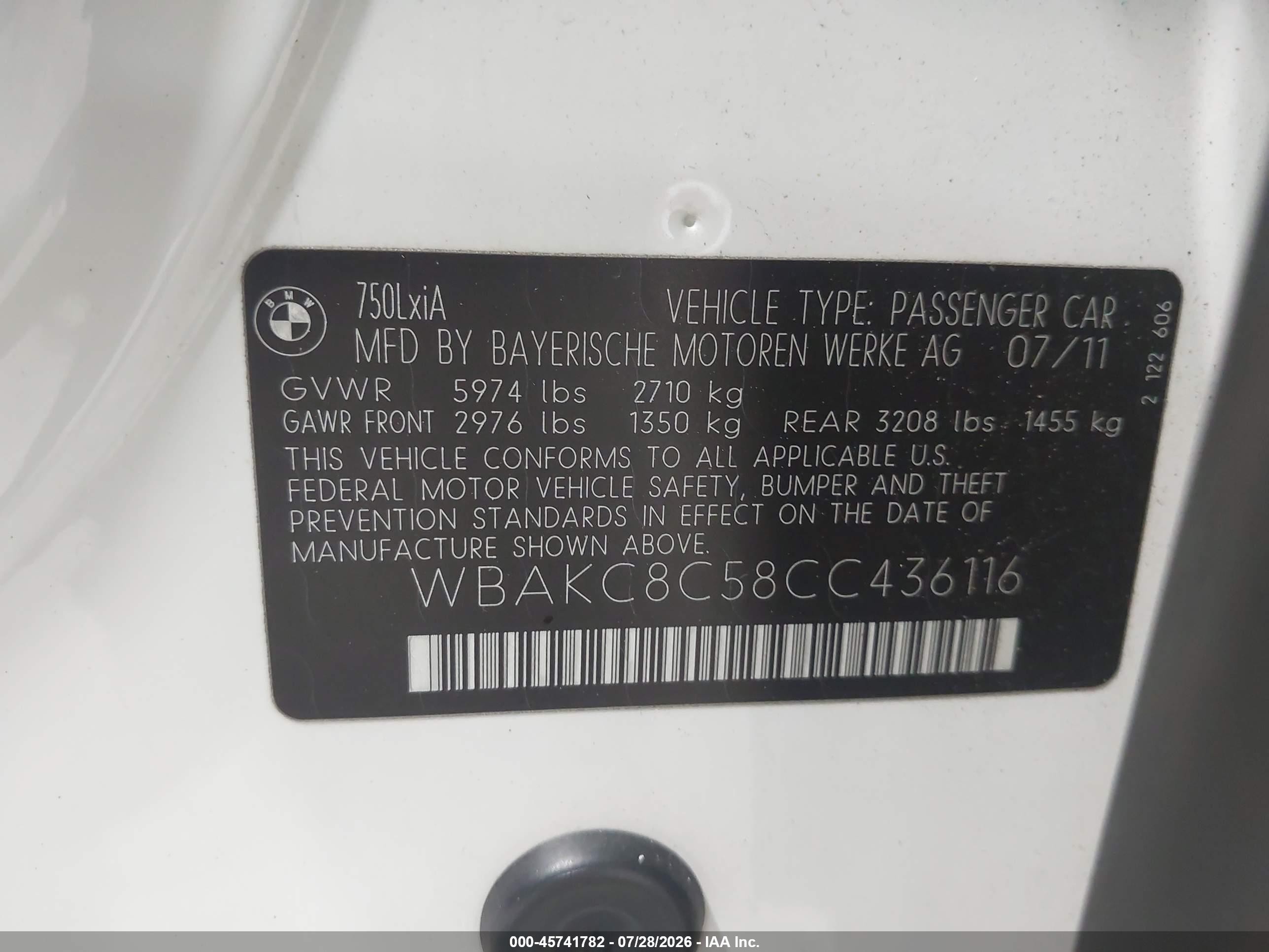 2012 Bmw 750li Xdrive White vin: WBAKC8C58CC436116