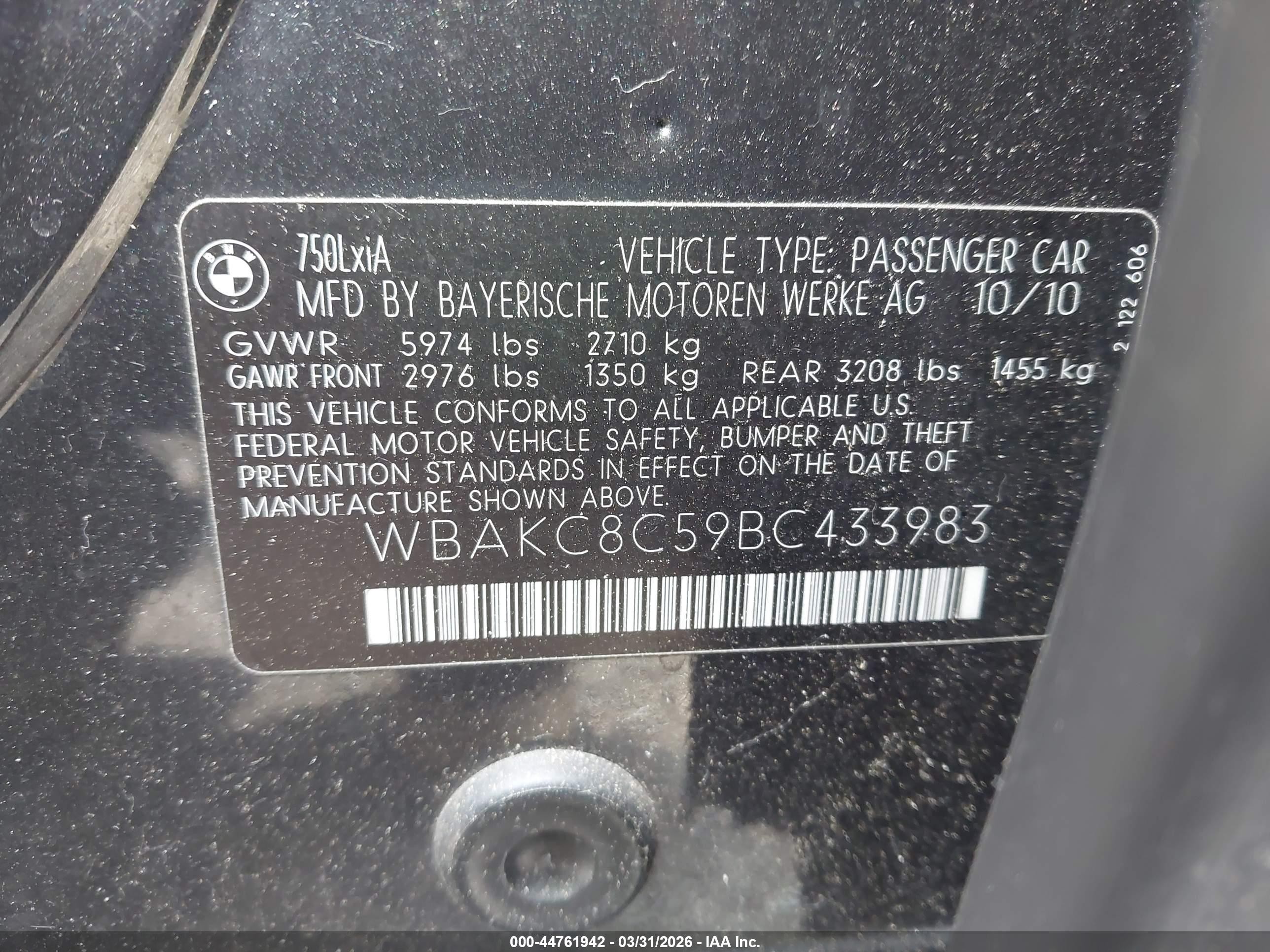 2011 Bmw 750li Xdrive Black vin: WBAKC8C59BC433983