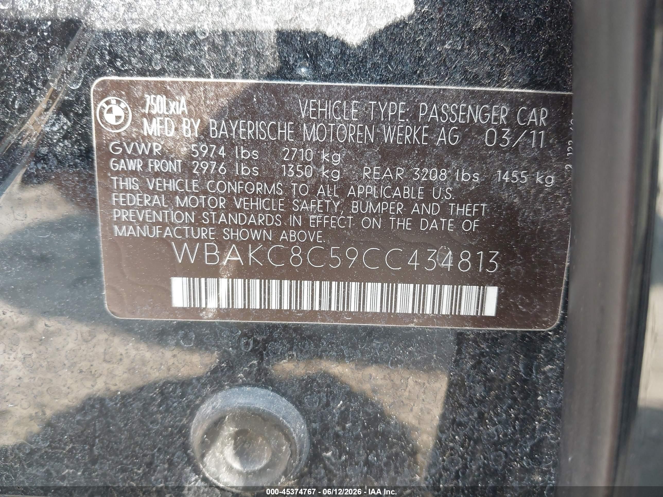 2012 Bmw 750li Xdrive Черный vin: WBAKC8C59CC434813
