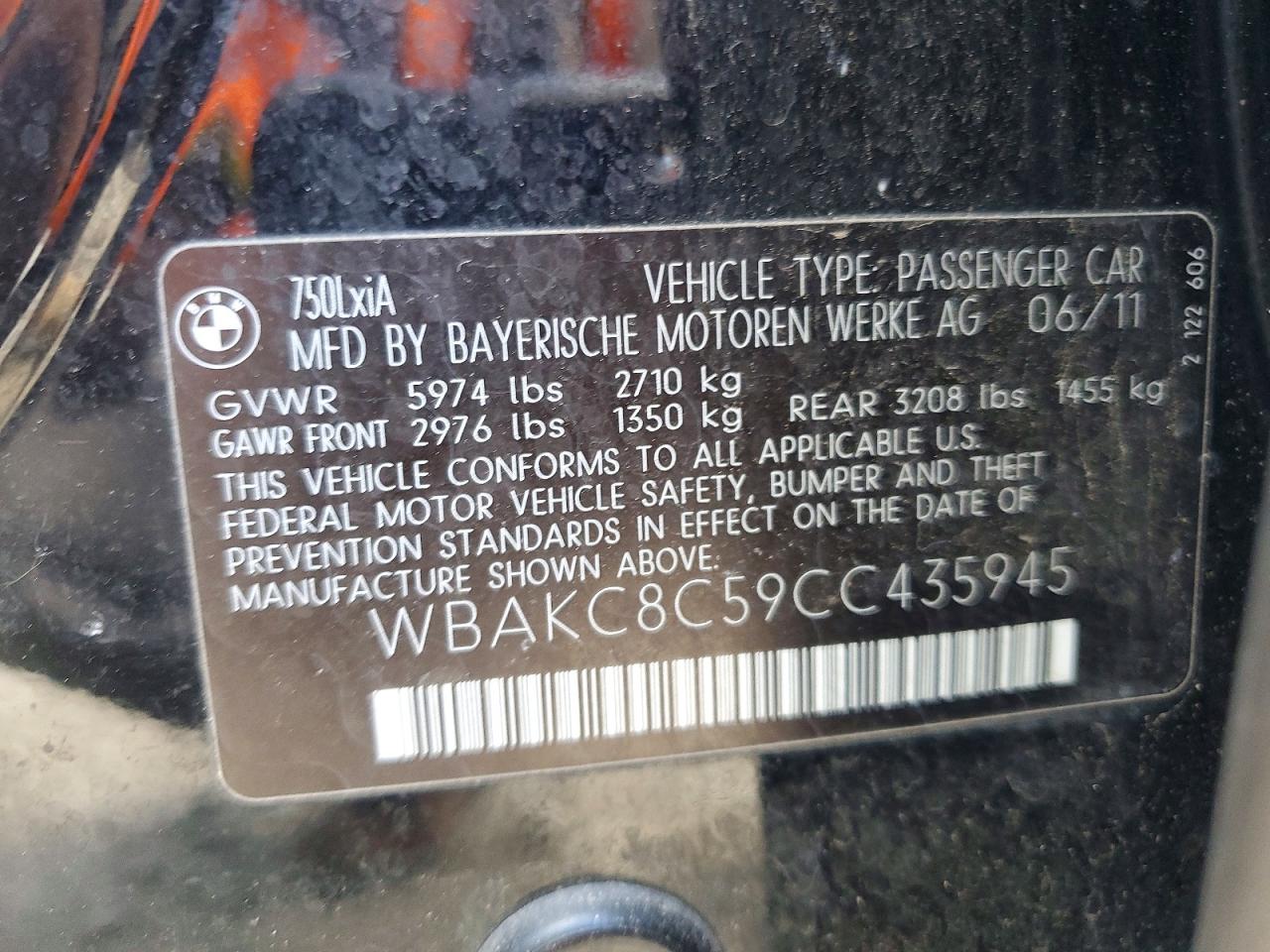 2012 Bmw 750 Lxi Black vin: WBAKC8C59CC435945