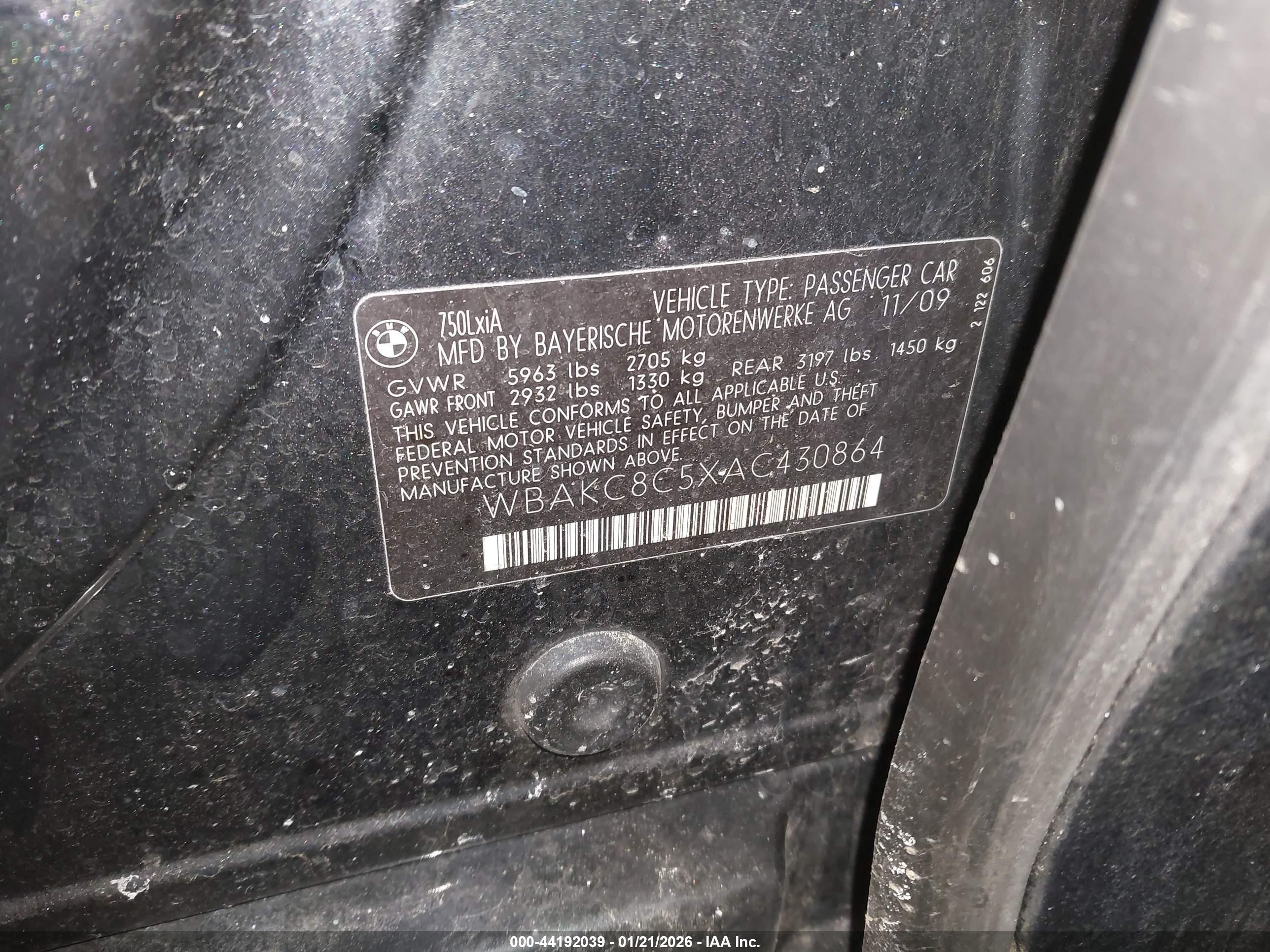 2010 Bmw 750li Xdrive Black vin: WBAKC8C5XAC430864