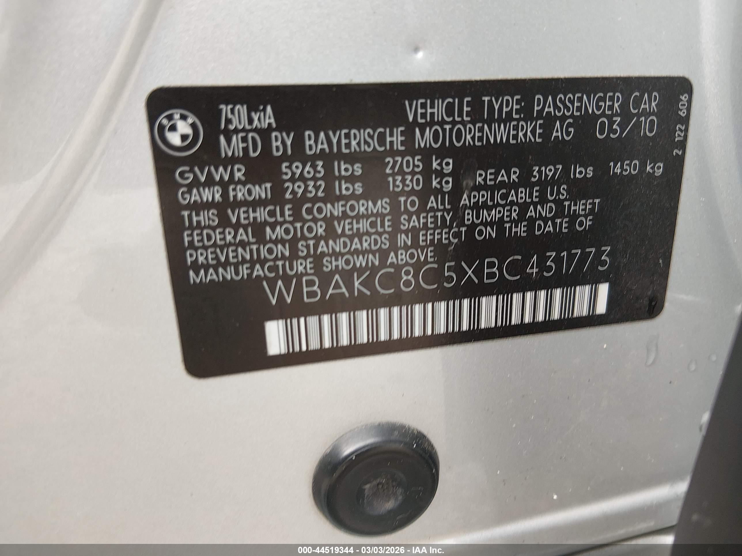 2011 Bmw 750li Xdrive Gray vin: WBAKC8C5XBC431773