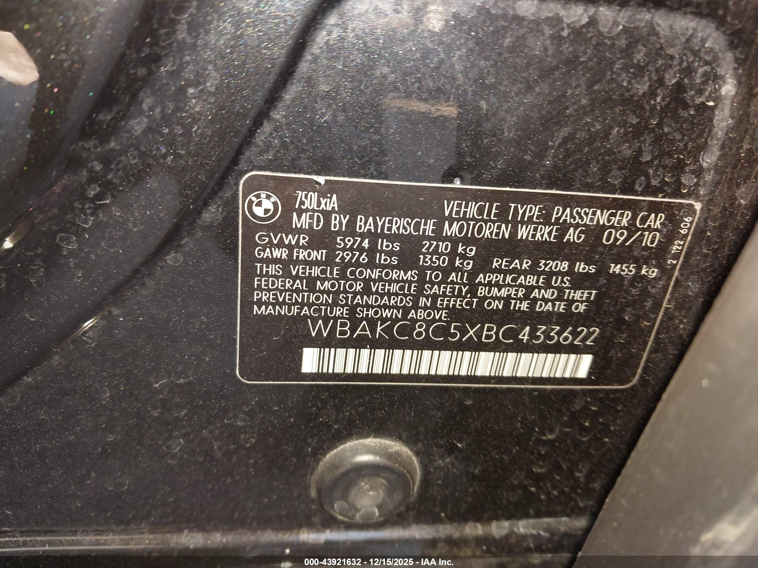 2011 Bmw 750li Xdrive Black vin: WBAKC8C5XBC433622