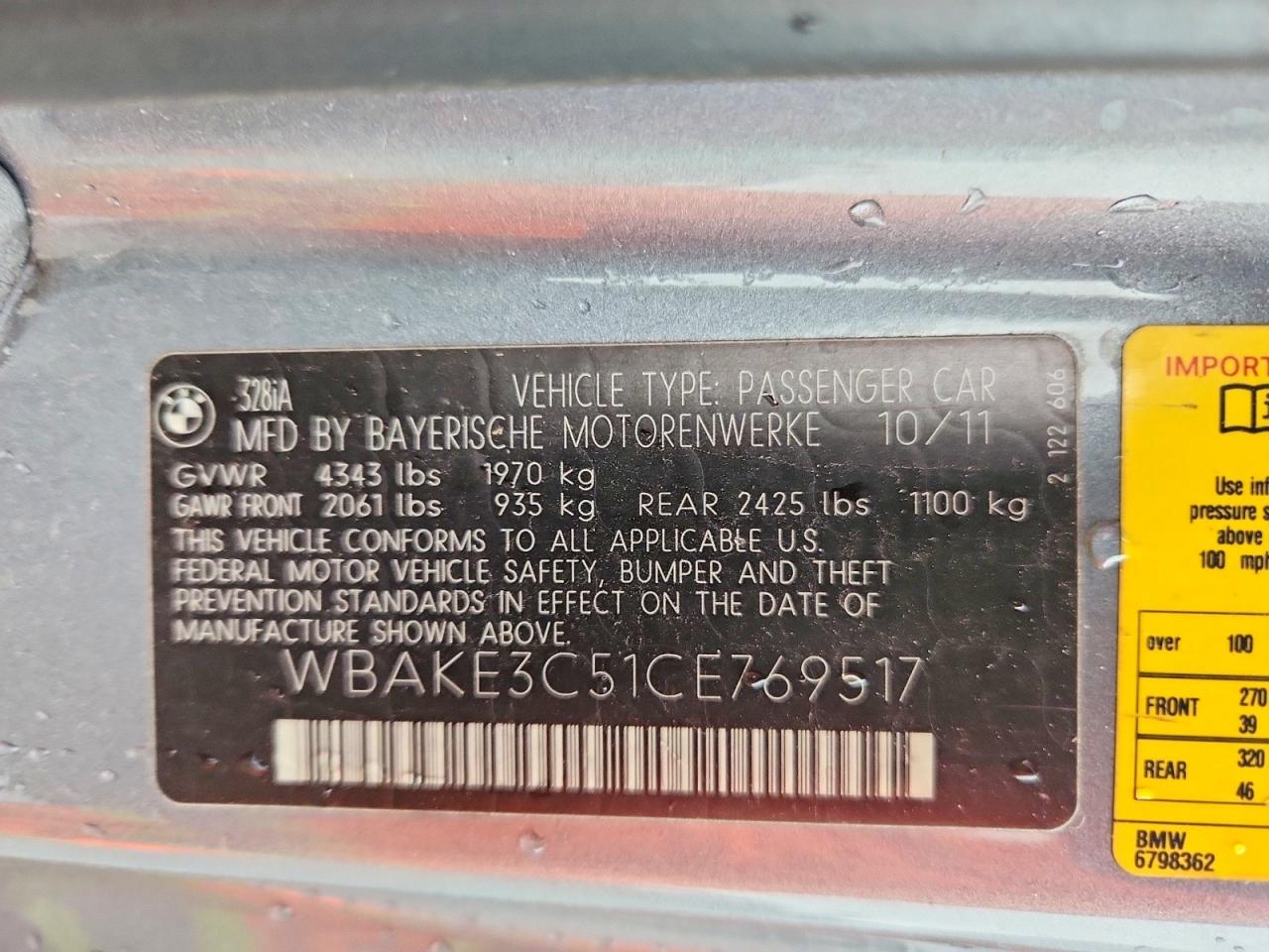 2012 Bmw 328 I Gray vin: WBAKE3C51CE769517