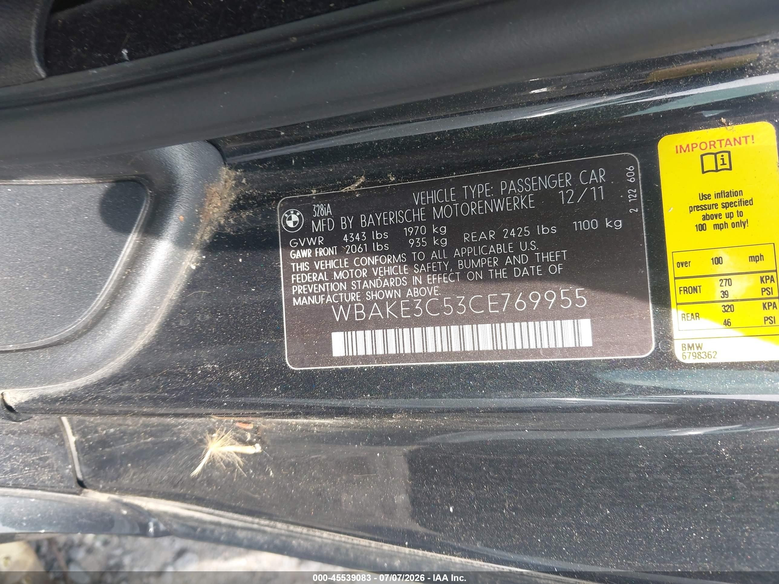 2012 Bmw 328i   Black vin: WBAKE3C53CE769955