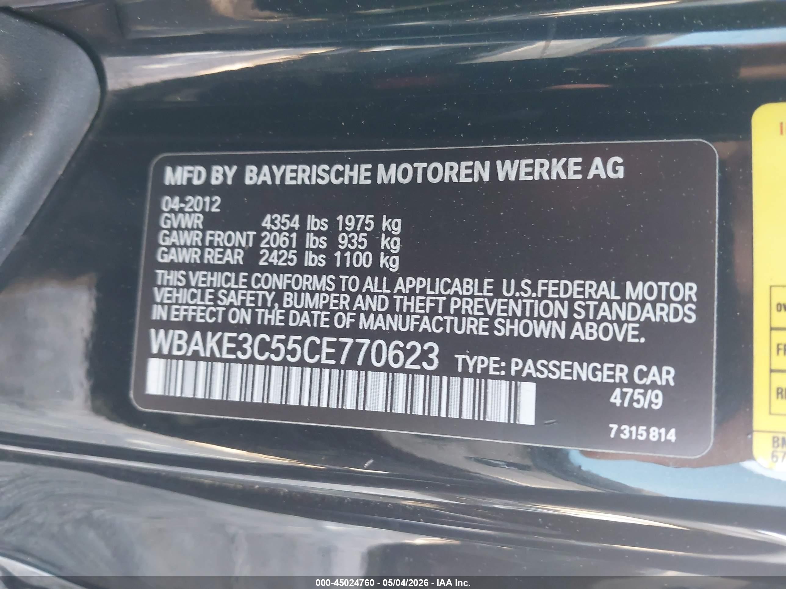2012 Bmw 328i   Black vin: WBAKE3C55CE770623
