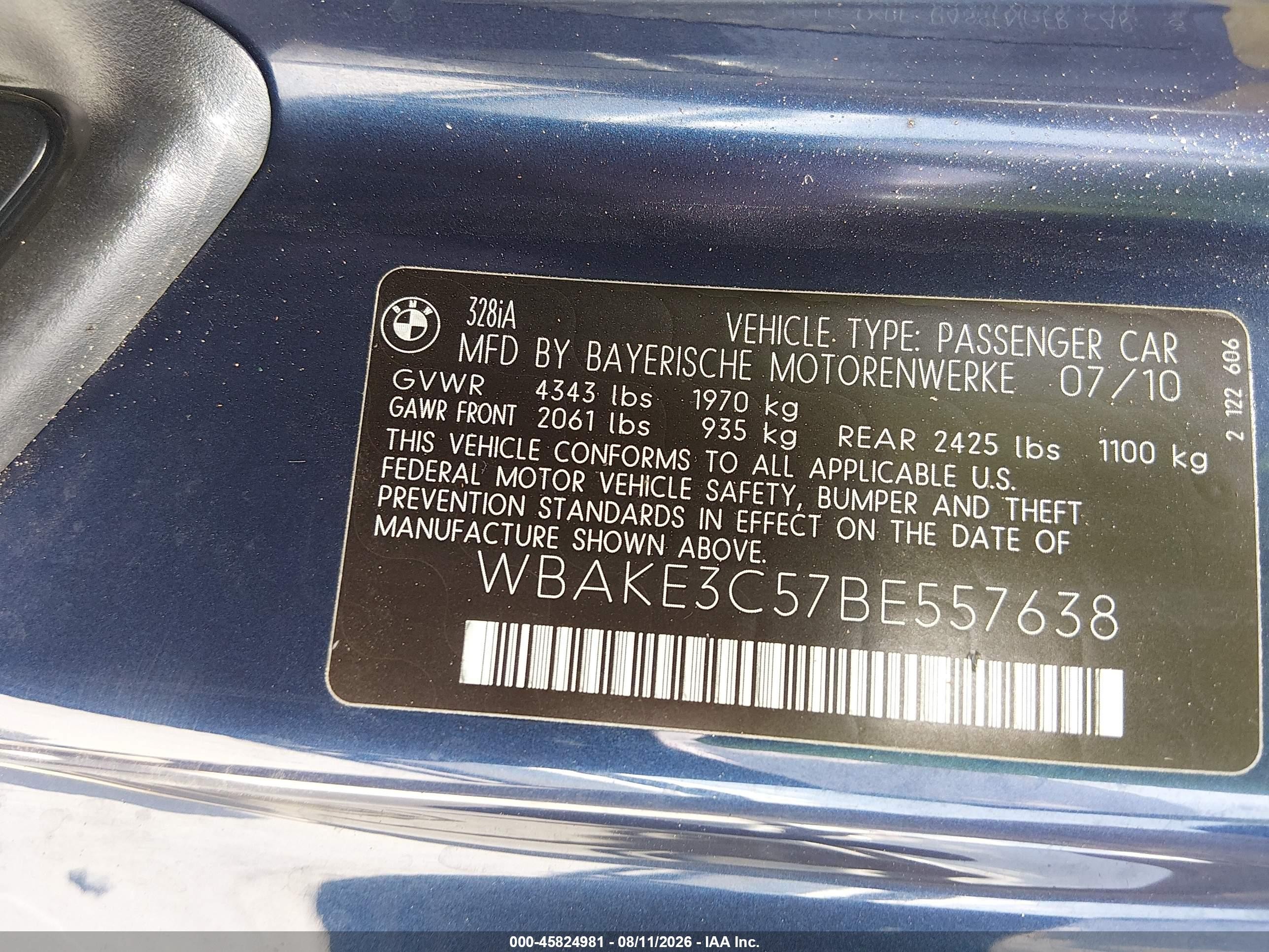 2011 Bmw 328i   Синий vin: WBAKE3C57BE557638