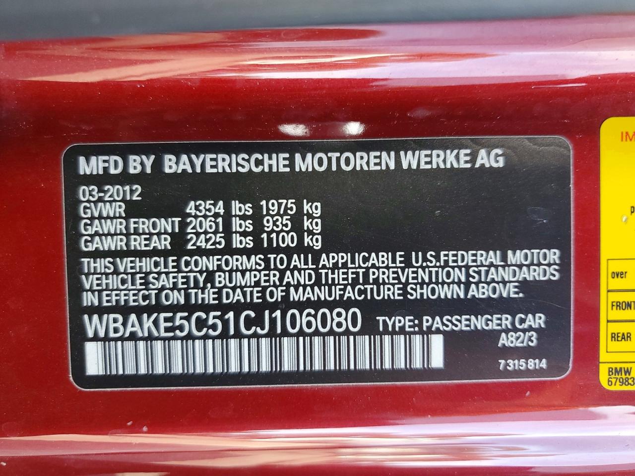 2012 Bmw 328 I Sulev Red vin: WBAKE5C51CJ106080