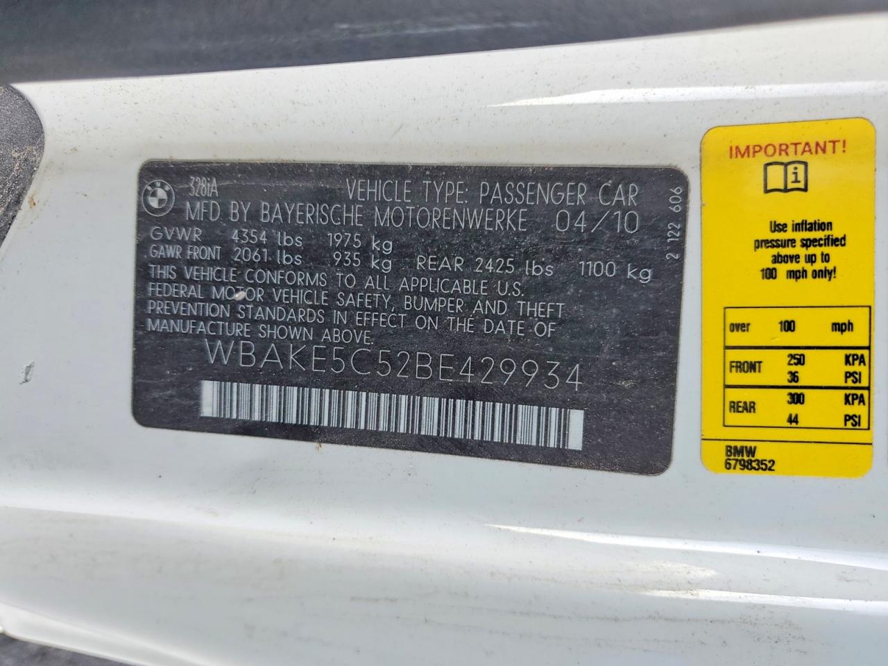 2011 Bmw 328 I Sulev White vin: WBAKE5C52BE429934