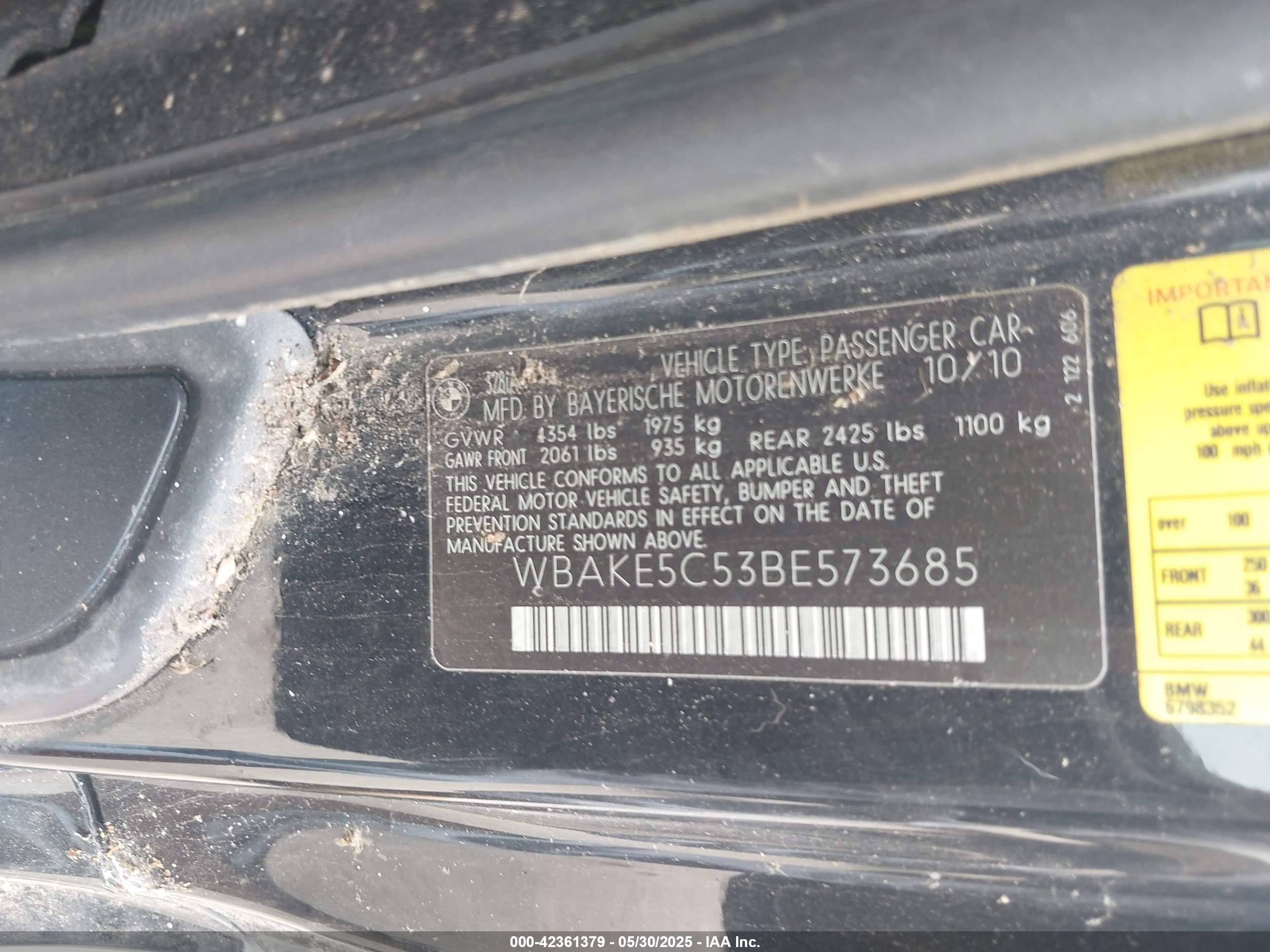 2011 Bmw 328i   Black vin: WBAKE5C53BE573685