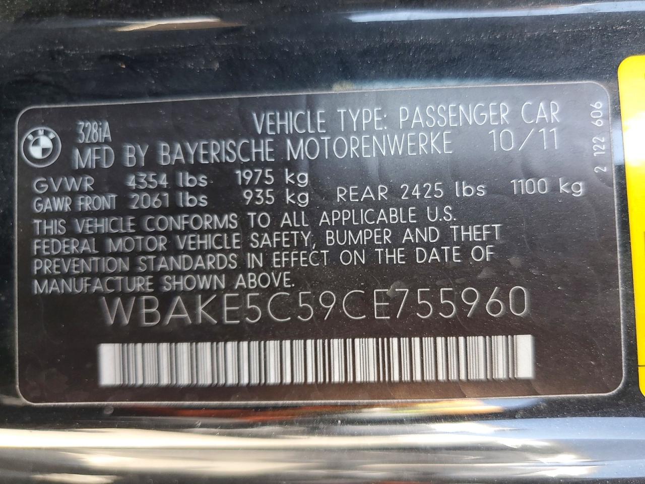 2012 Bmw 328 I Sulev Black vin: WBAKE5C59CE755960