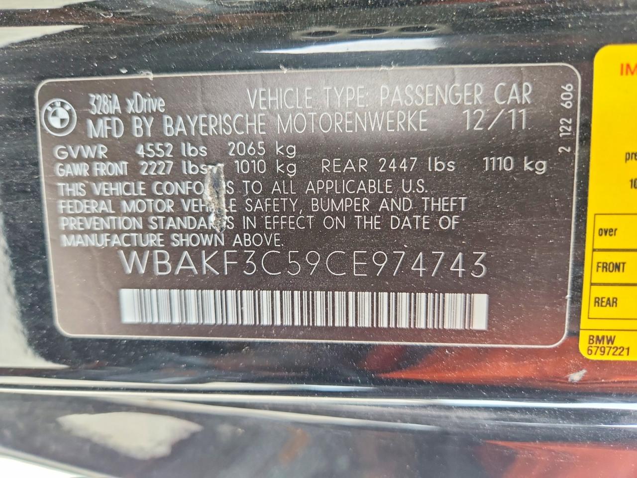 2012 Bmw 328 Xi Black vin: WBAKF3C59CE974743