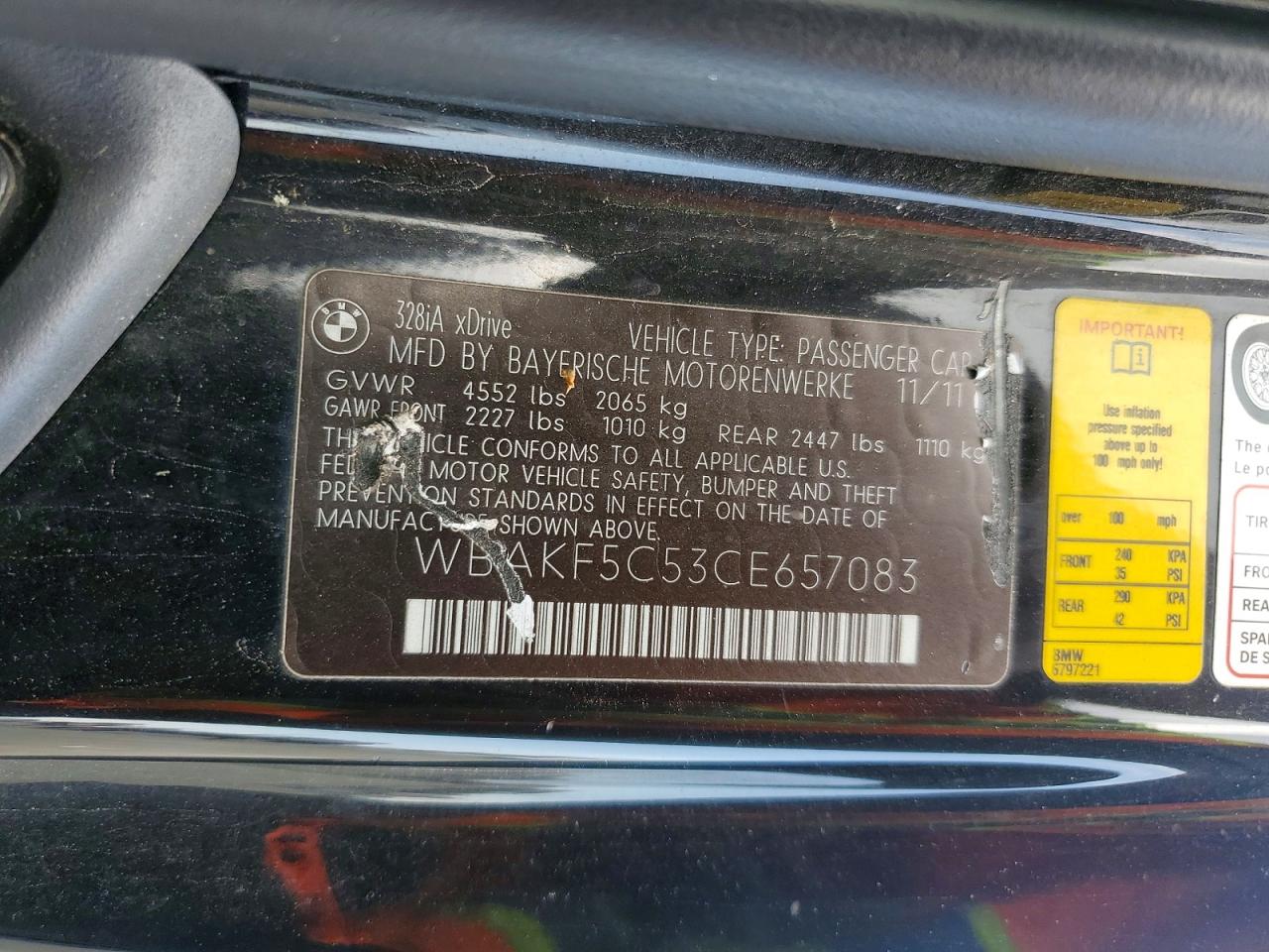 2012 Bmw 328 Xi Sulev Black vin: WBAKF5C53CE657083