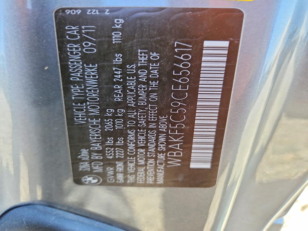 2012 Bmw 328 Xi Sulev Gray vin: WBAKF5C59CE656617