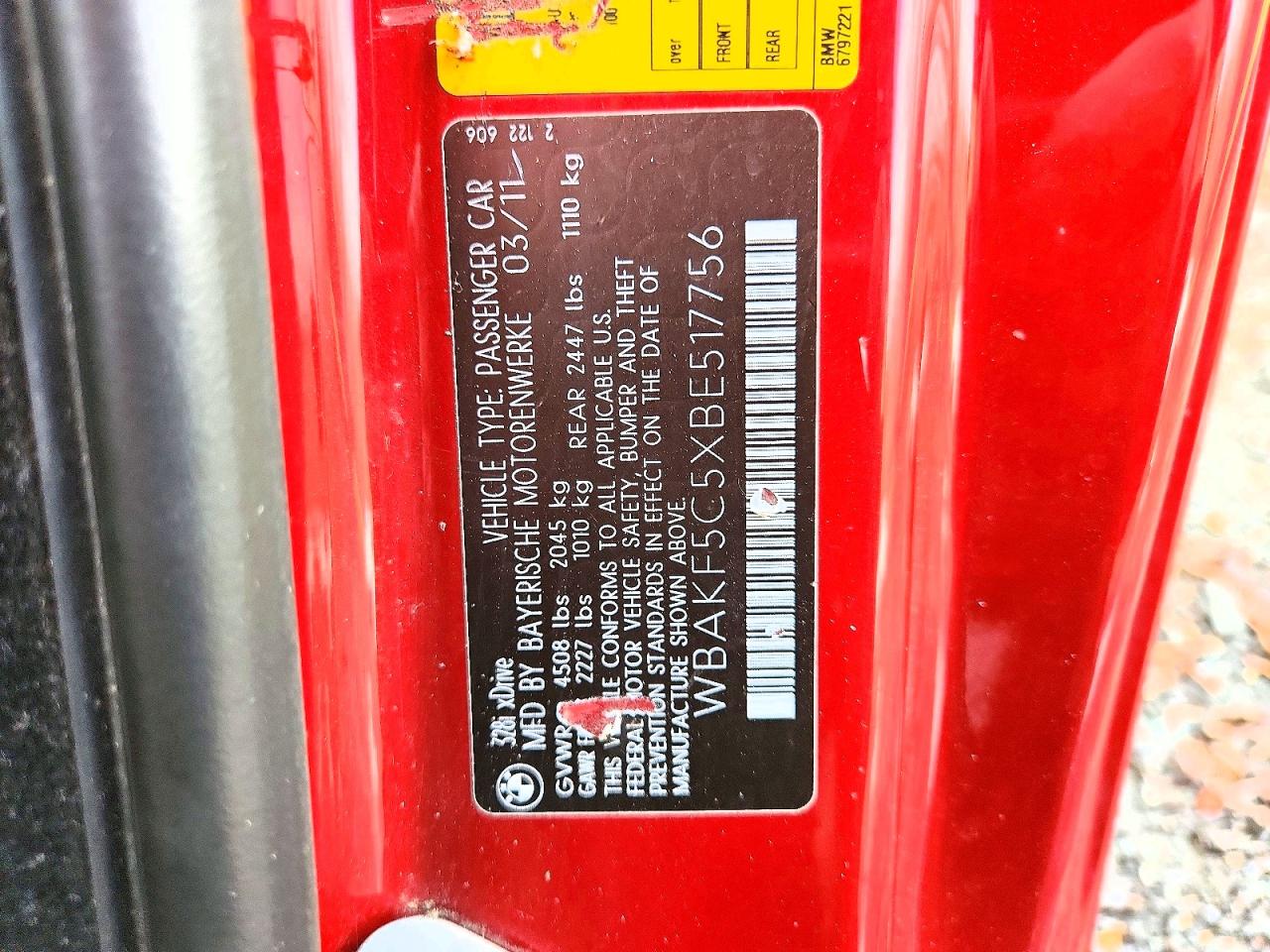 2011 Bmw 328 Xi Sulev Red vin: WBAKF5C5XBE517756