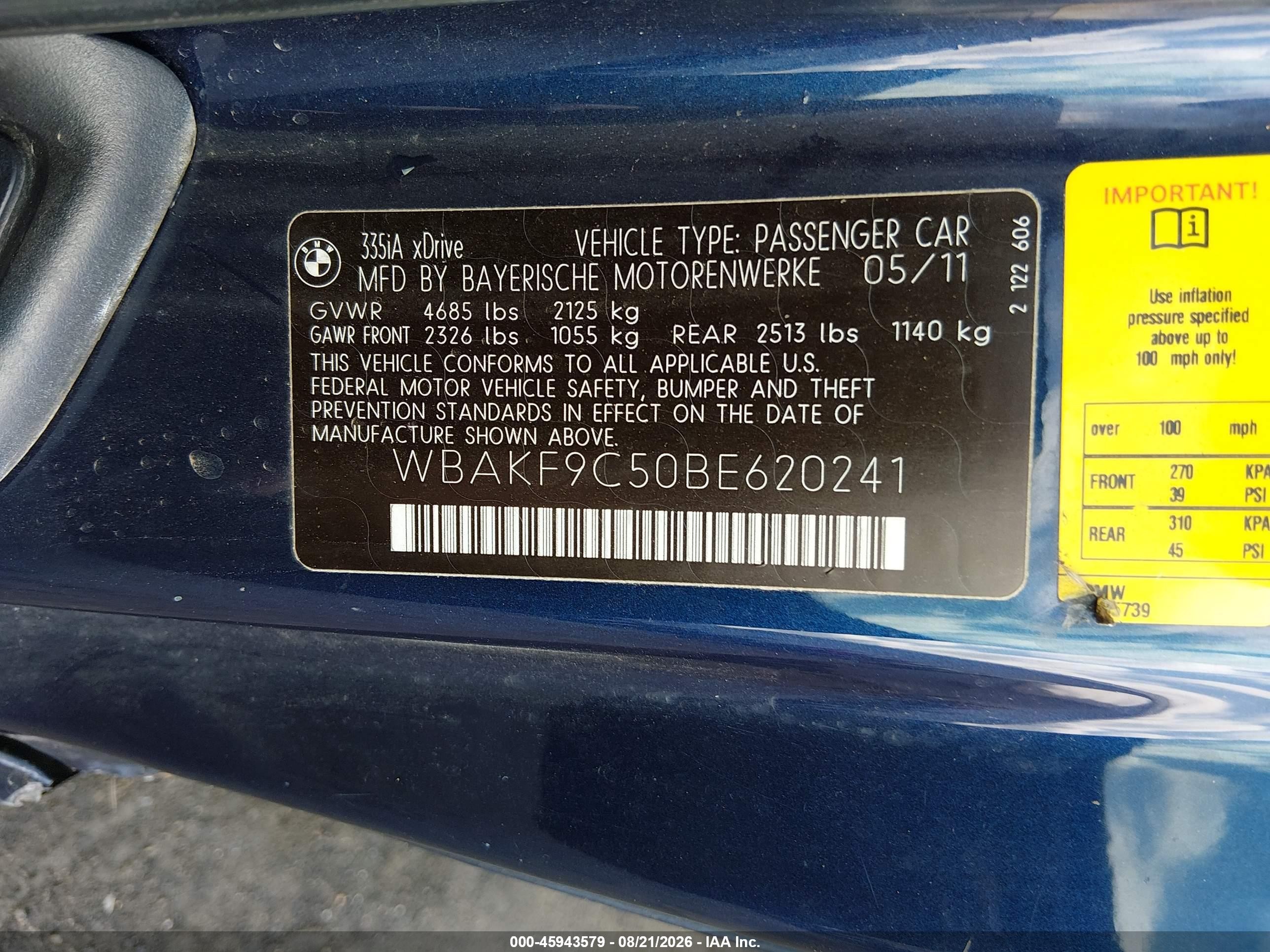 2011 Bmw 335i Xdrive Blue vin: WBAKF9C50BE620241