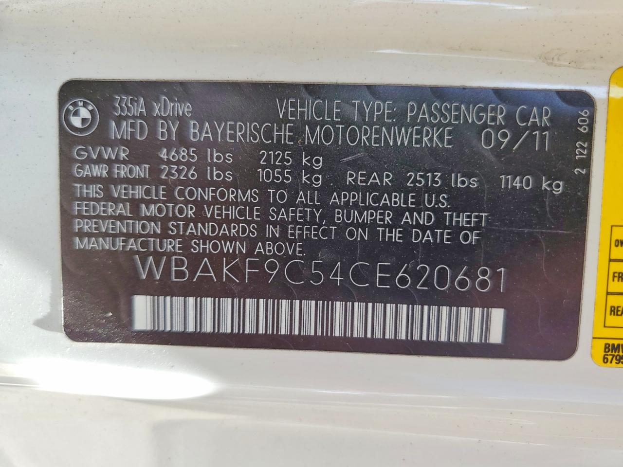 2012 Bmw 335 Xi White vin: WBAKF9C54CE620681