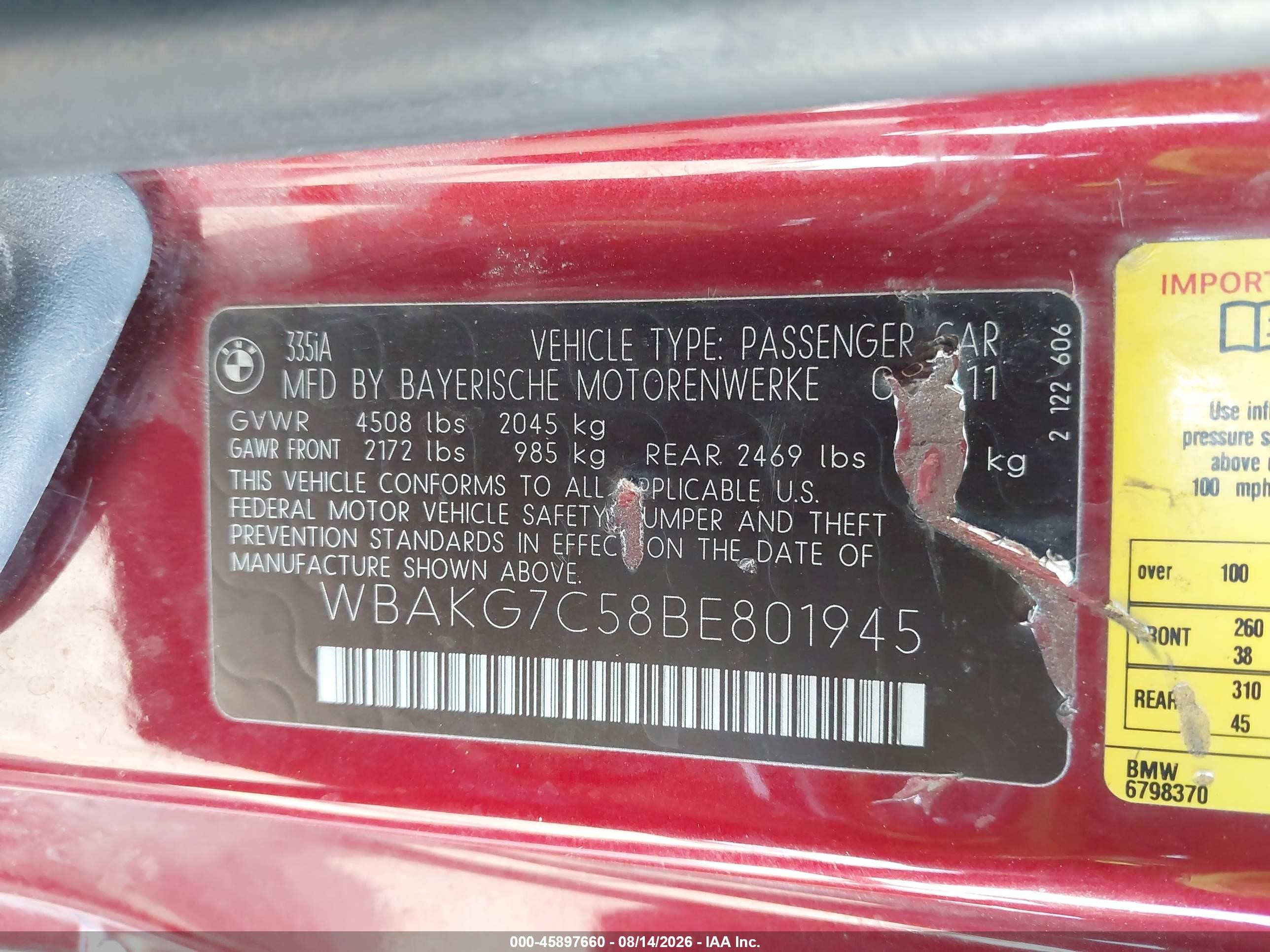 2011 Bmw 335i   Red vin: WBAKG7C58BE801945