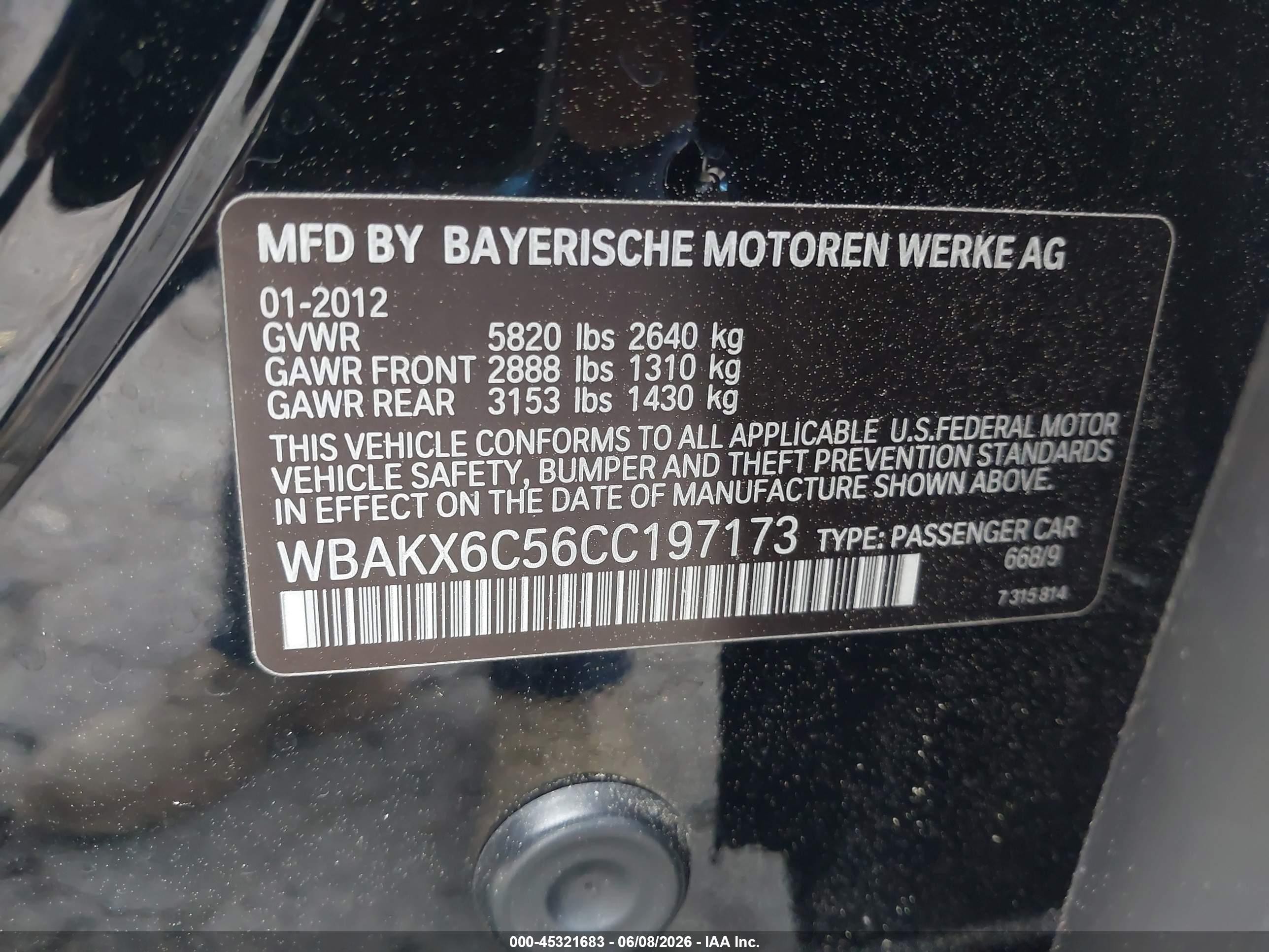 2012 Bmw Activehybrid 750 Черный vin: WBAKX6C56CC197173