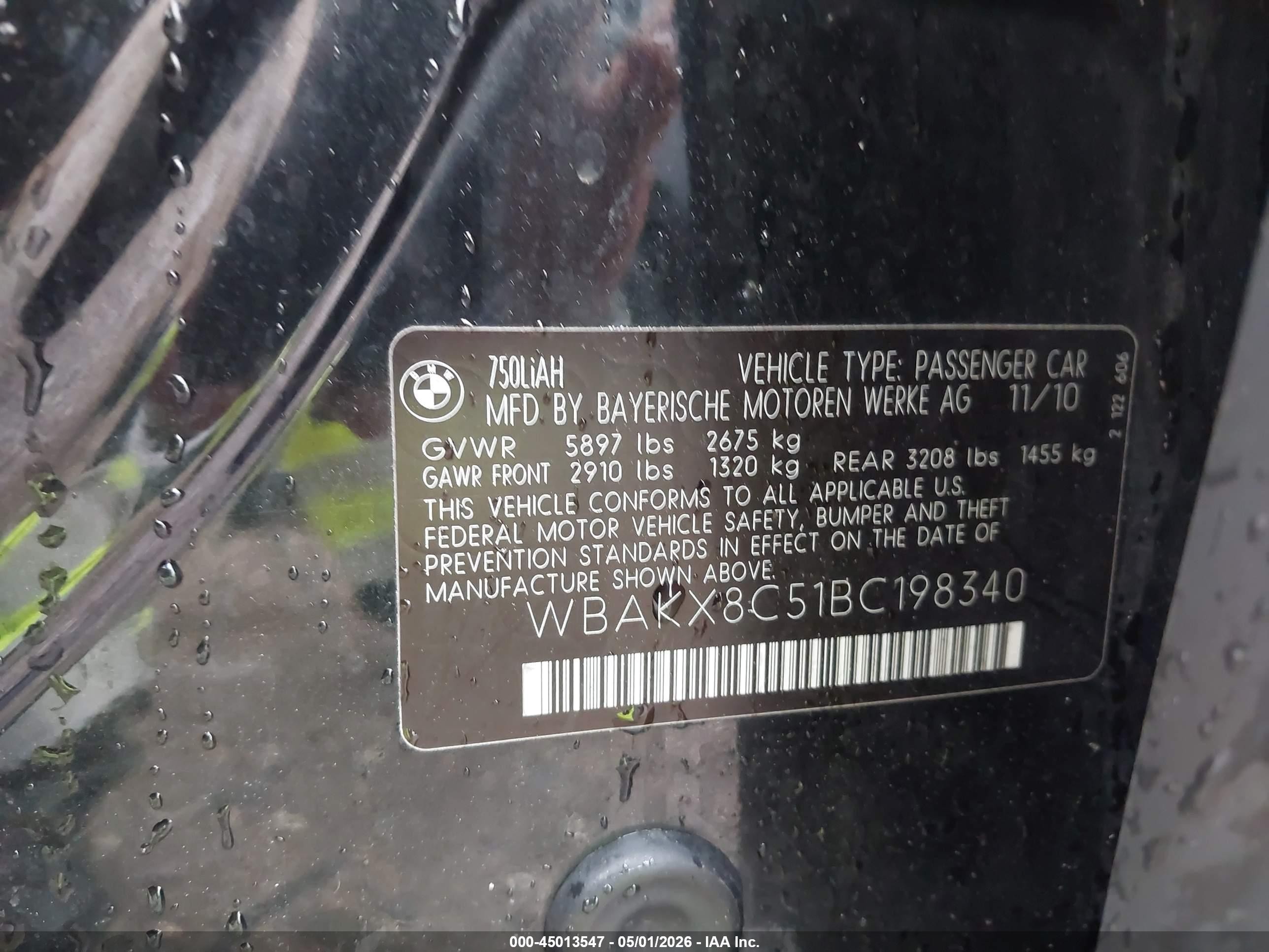 2011 Bmw Activehybrid 750li   Black vin: WBAKX8C51BC198340