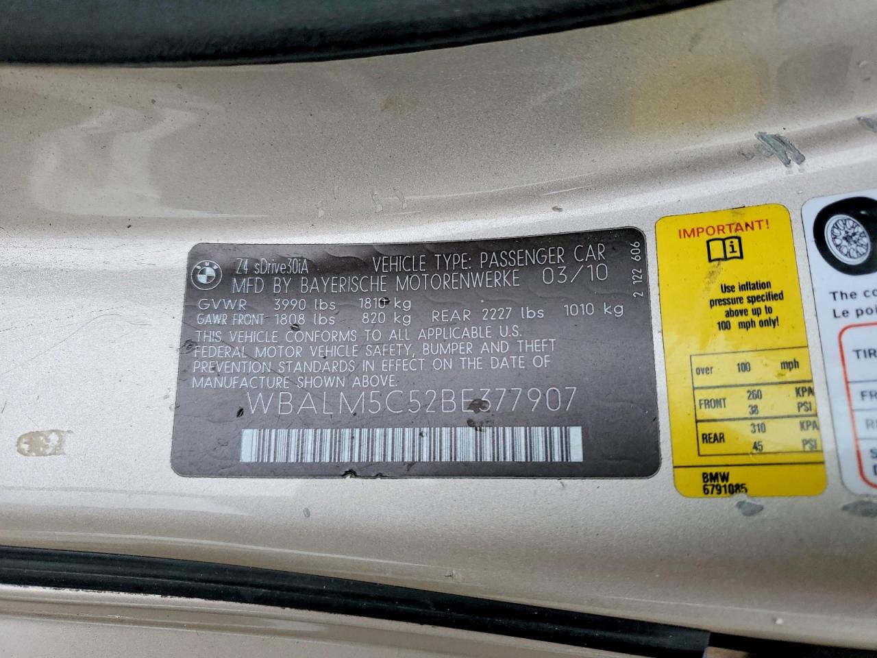 2011 Bmw Z4 Sdrive30i Gold vin: WBALM5C52BE377907