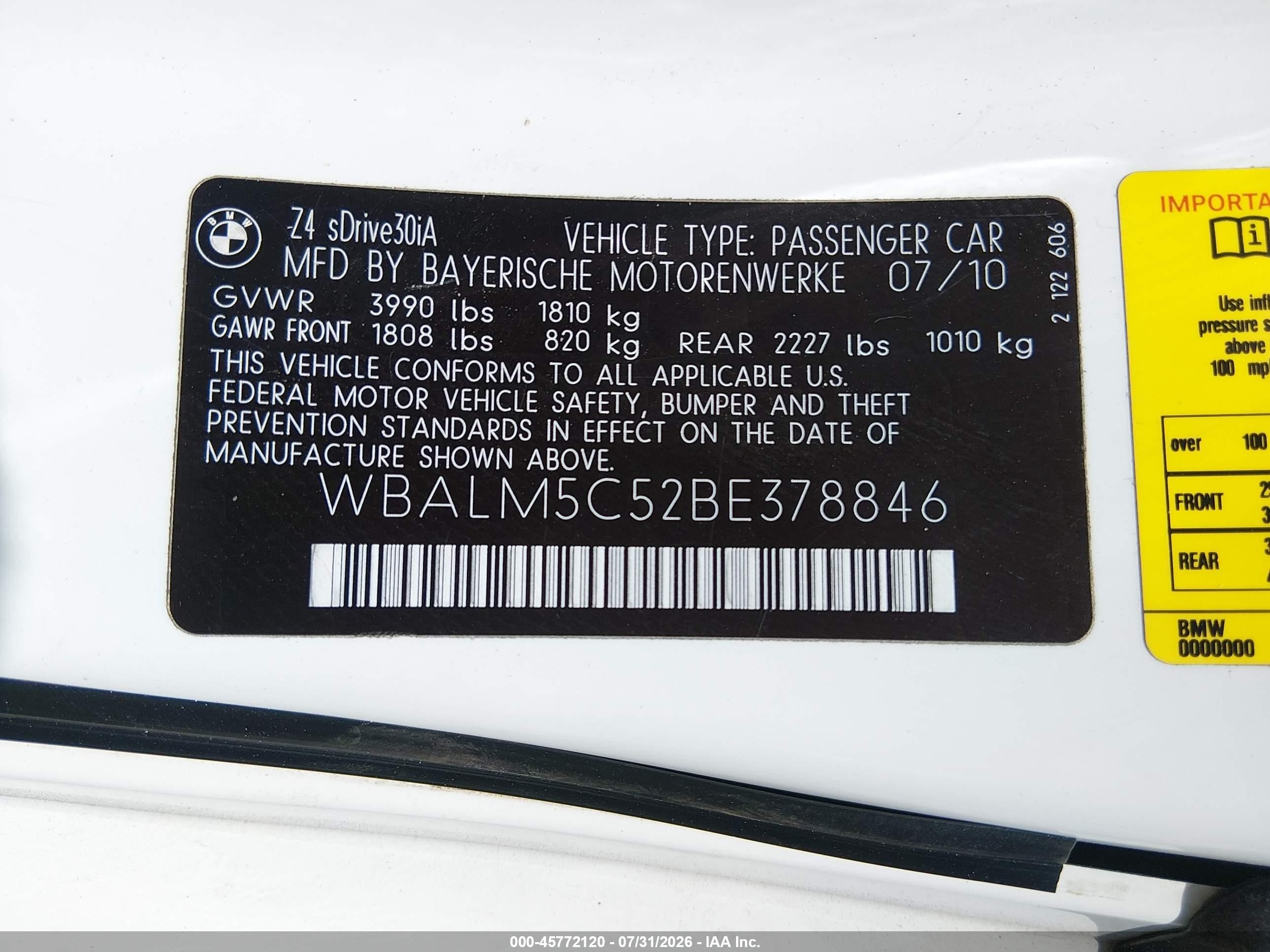 2011 Bmw Z4 Sdrive30i White vin: WBALM5C52BE378846