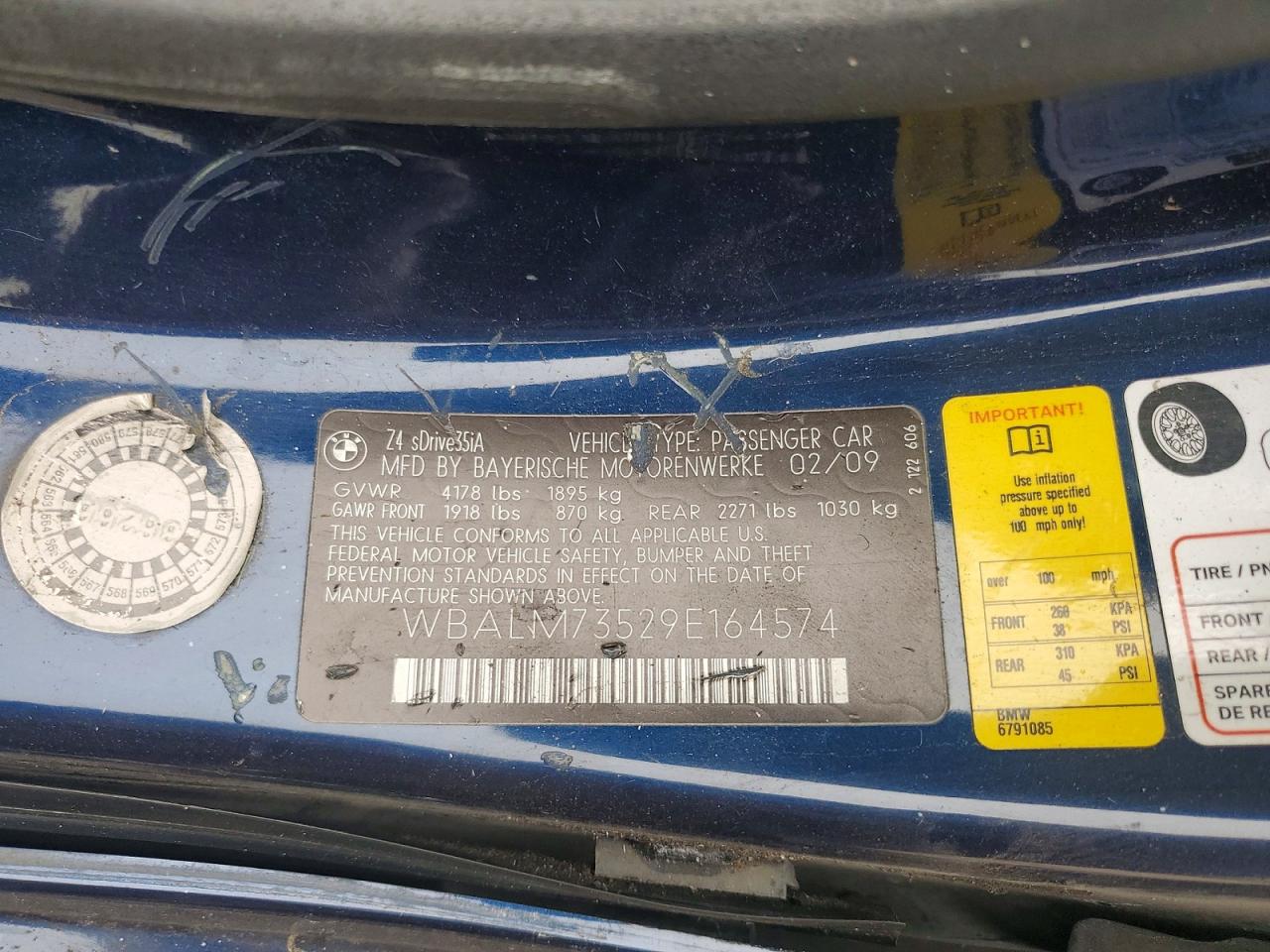 2009 Bmw Z4 Sdrive35i Blue vin: WBALM73529E164574