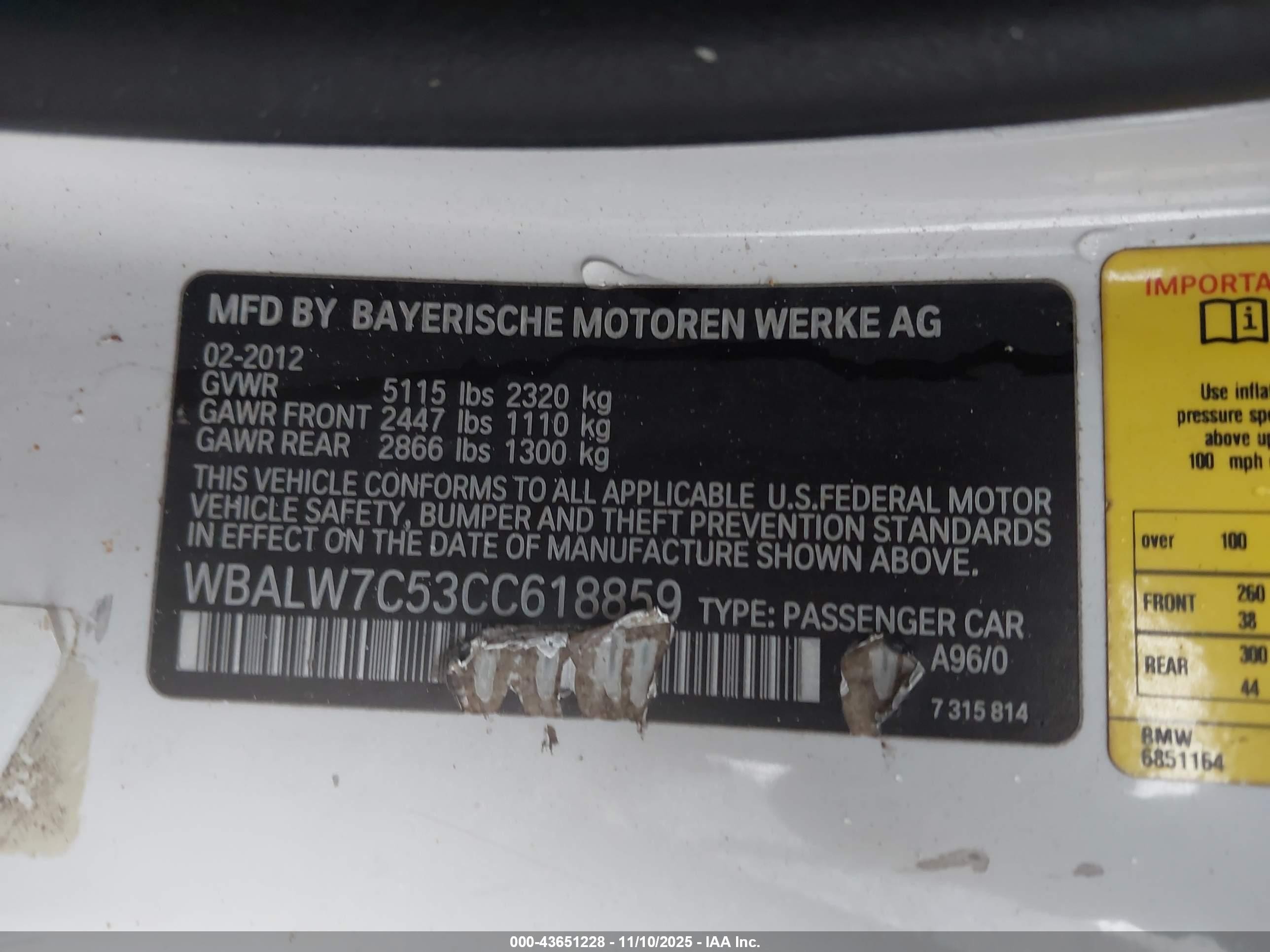 2012 Bmw 640i   White vin: WBALW7C53CC618859