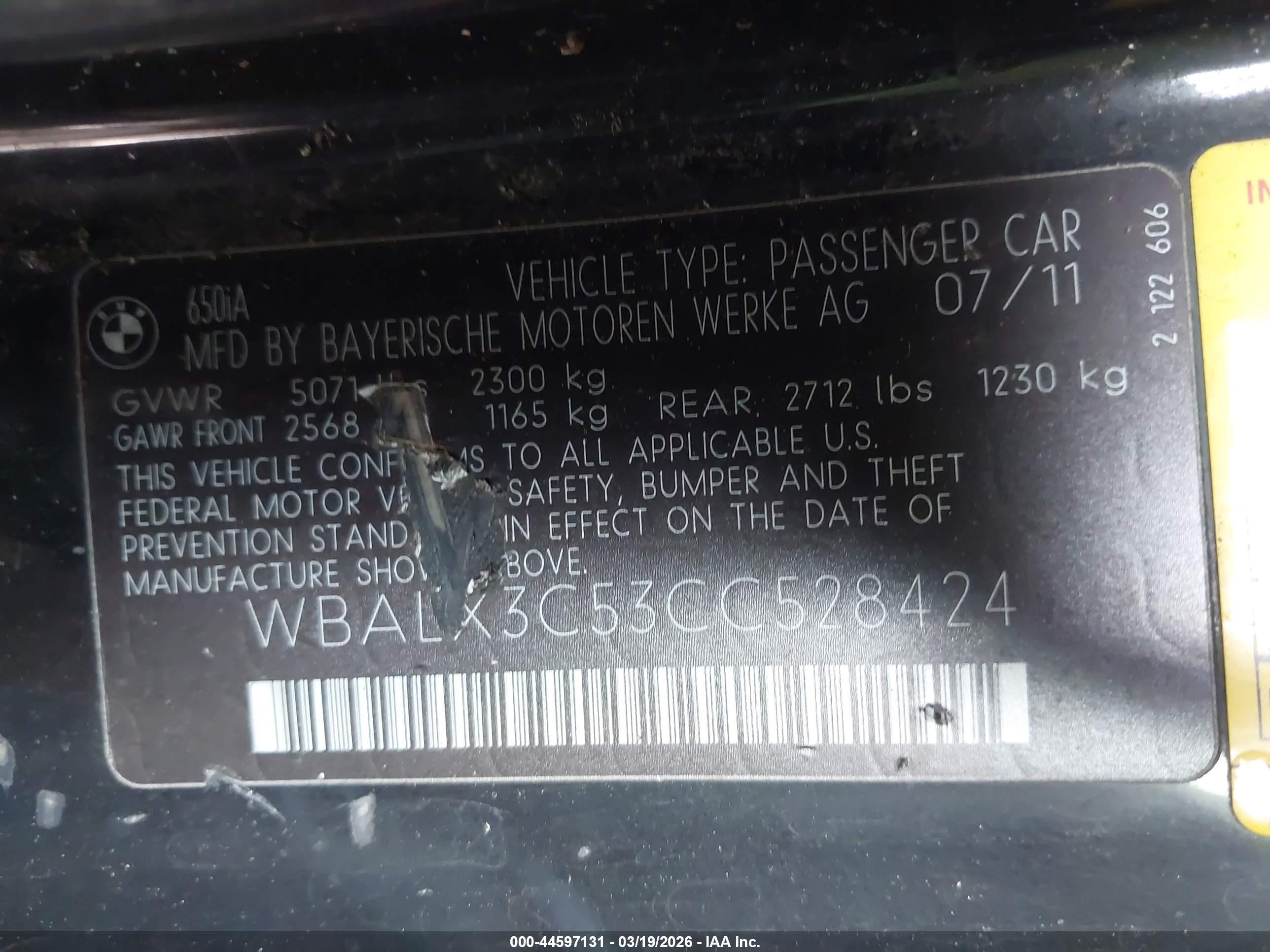 2012 Bmw 650i   Black vin: WBALX3C53CC528424