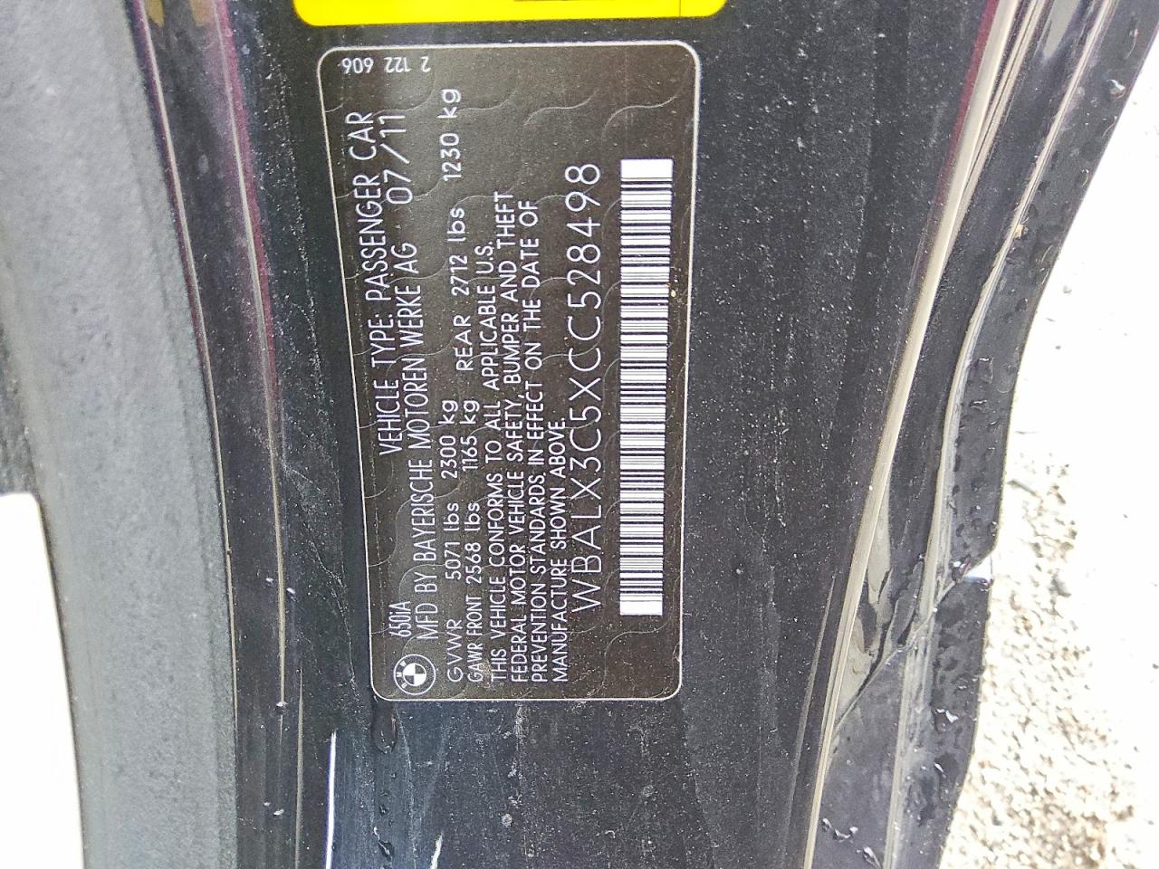 2012 Bmw 650 I Black vin: WBALX3C5XCC528498