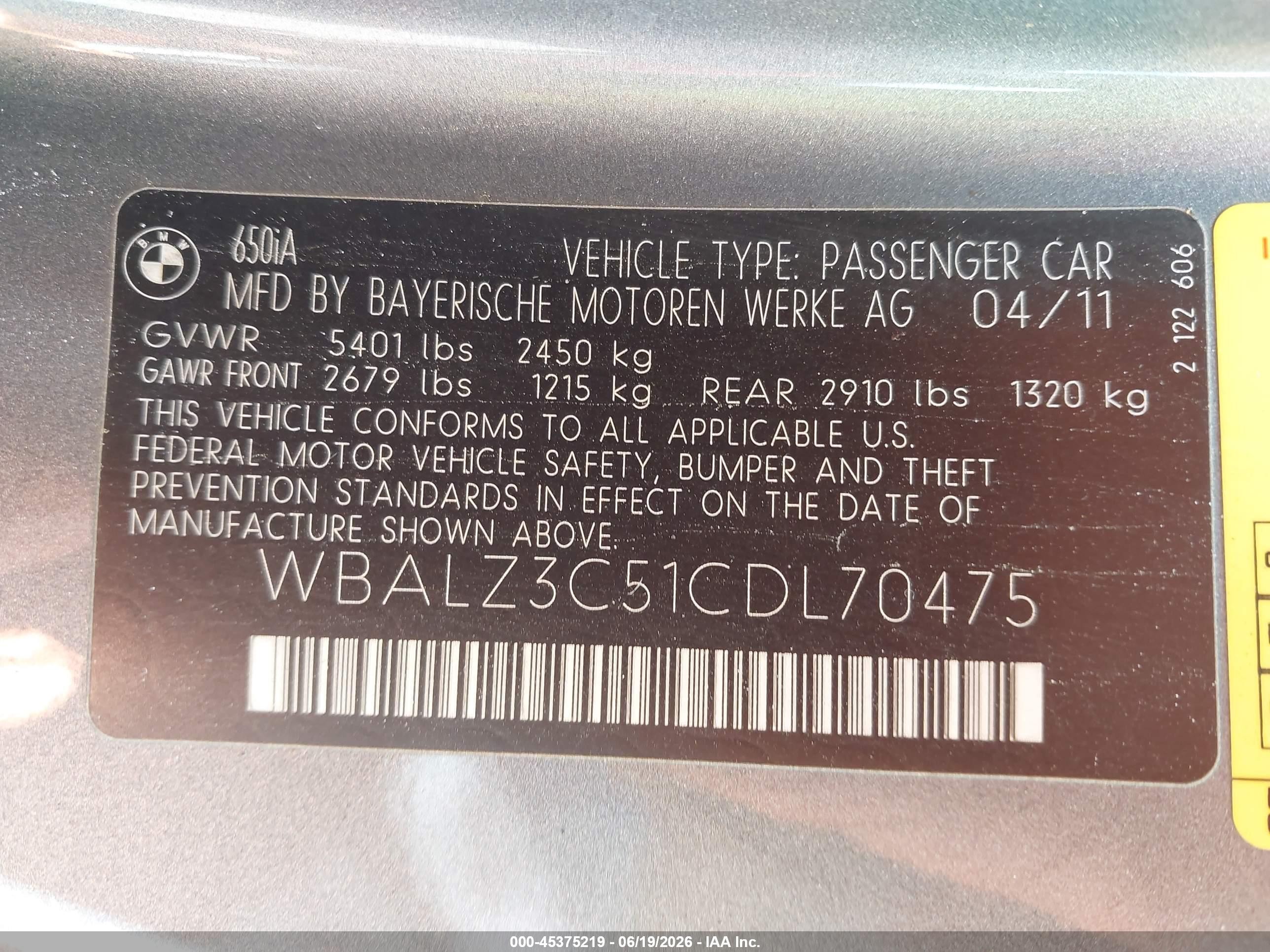 2012 Bmw 650i   Gray vin: WBALZ3C51CDL70475