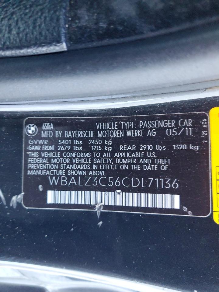 2012 Bmw 650 I Black vin: WBALZ3C56CDL71136