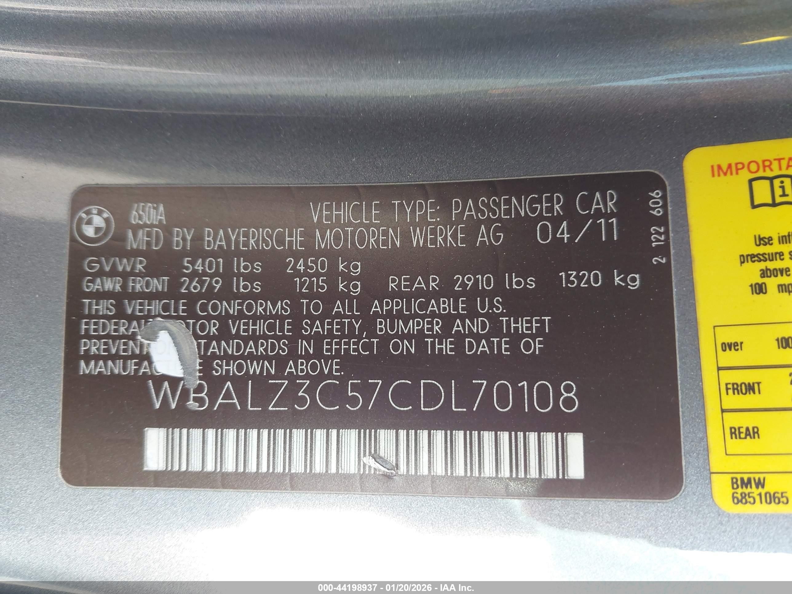 2012 Bmw 650i   Gray vin: WBALZ3C57CDL70108