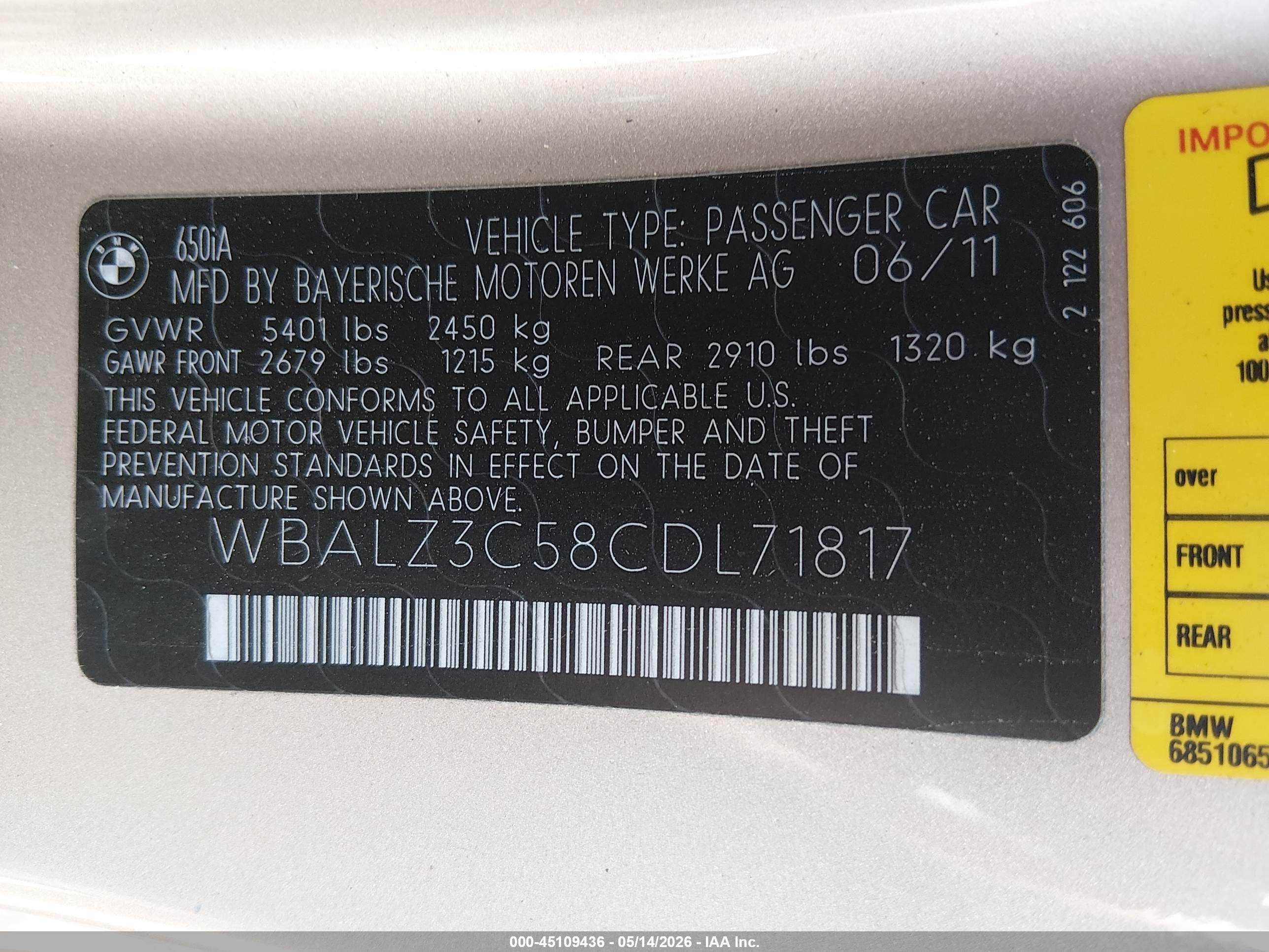 2012 Bmw 650i   Beige vin: WBALZ3C58CDL71817