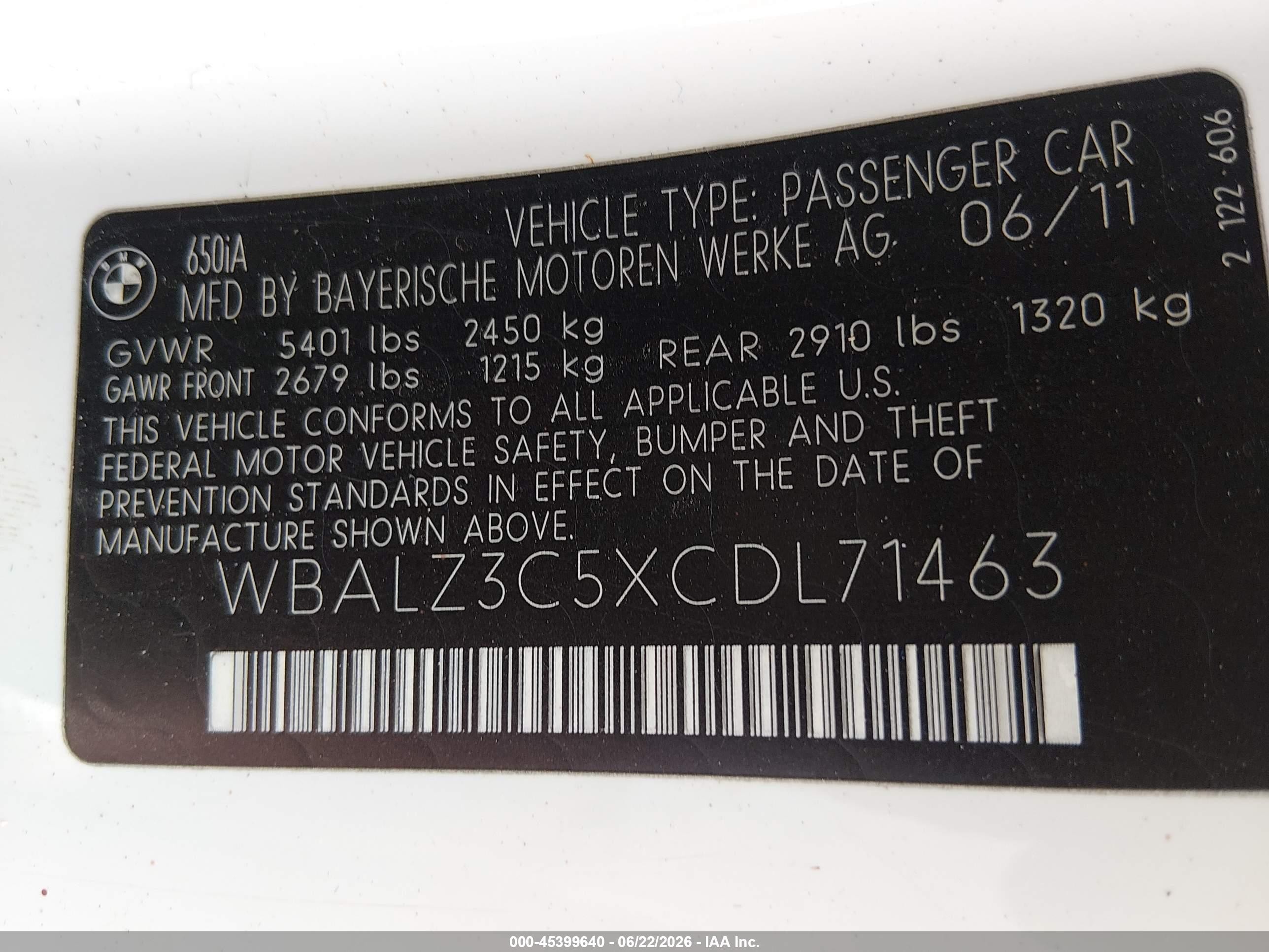 2012 Bmw 650i White vin: WBALZ3C5XCDL71463