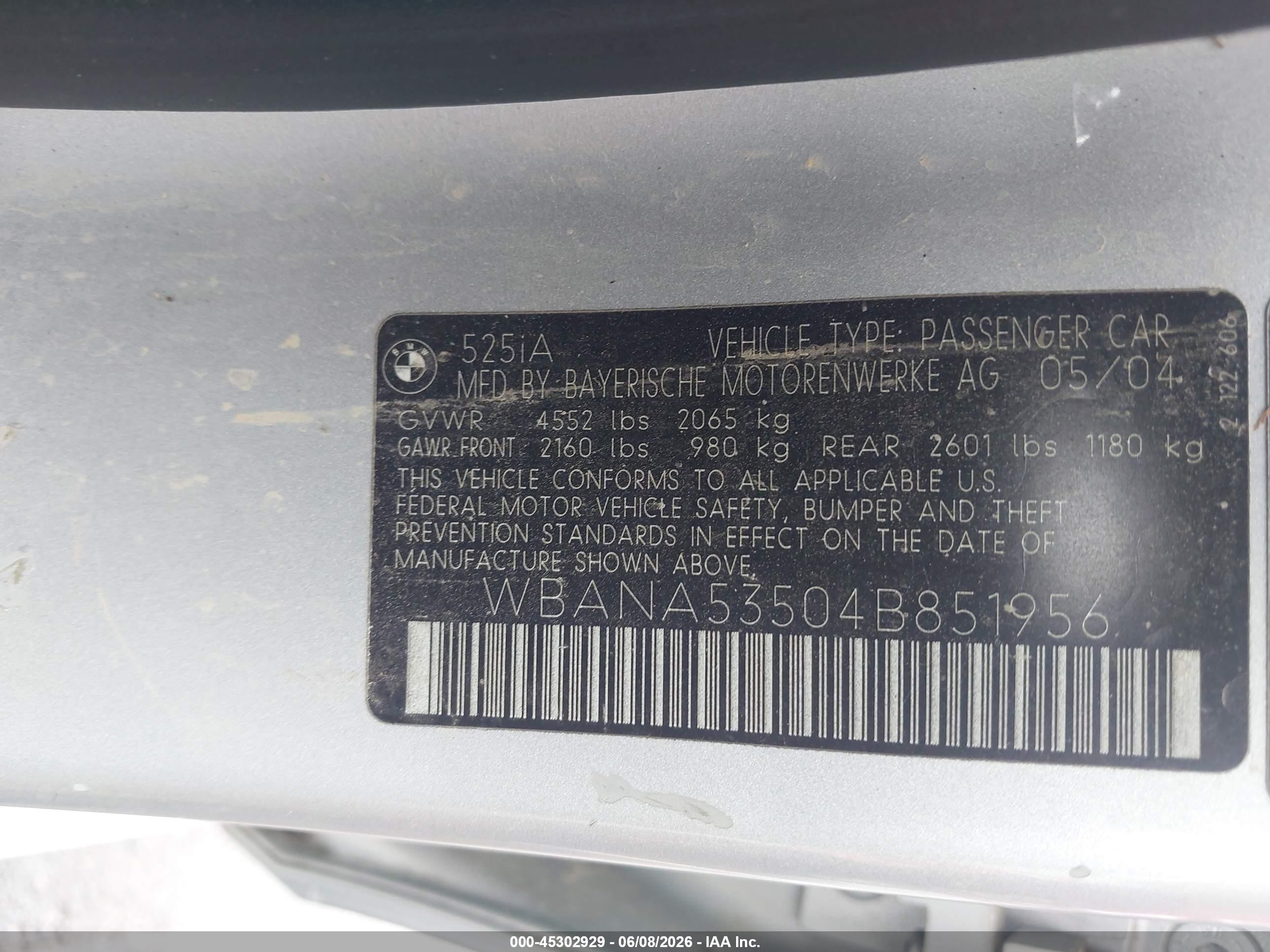 2004 Bmw 525i   Gray vin: WBANA53504B851956