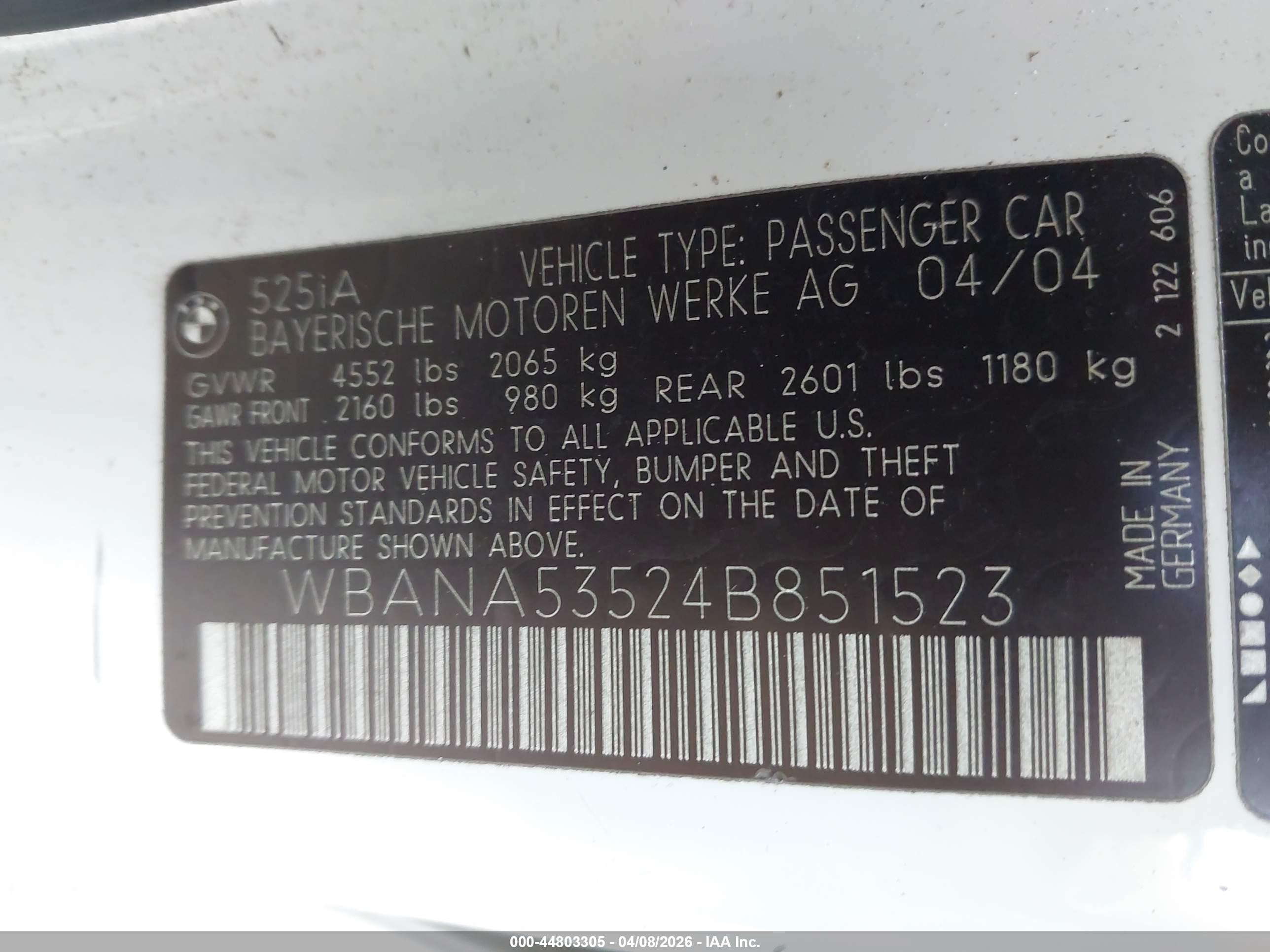 2004 Bmw 525i   White vin: WBANA53524B851523