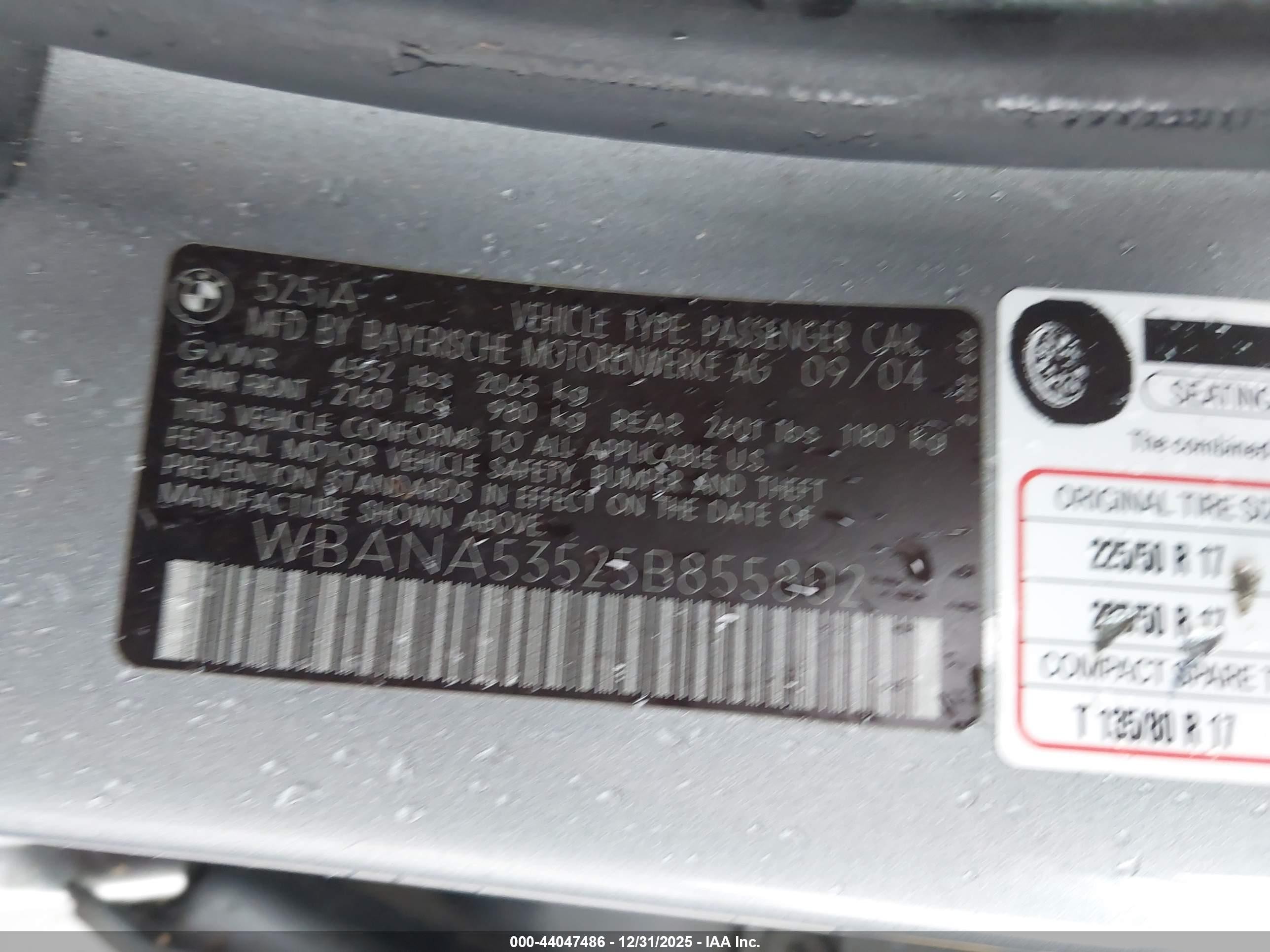 2005 Bmw 525i   Серебряный vin: WBANA53525B855802