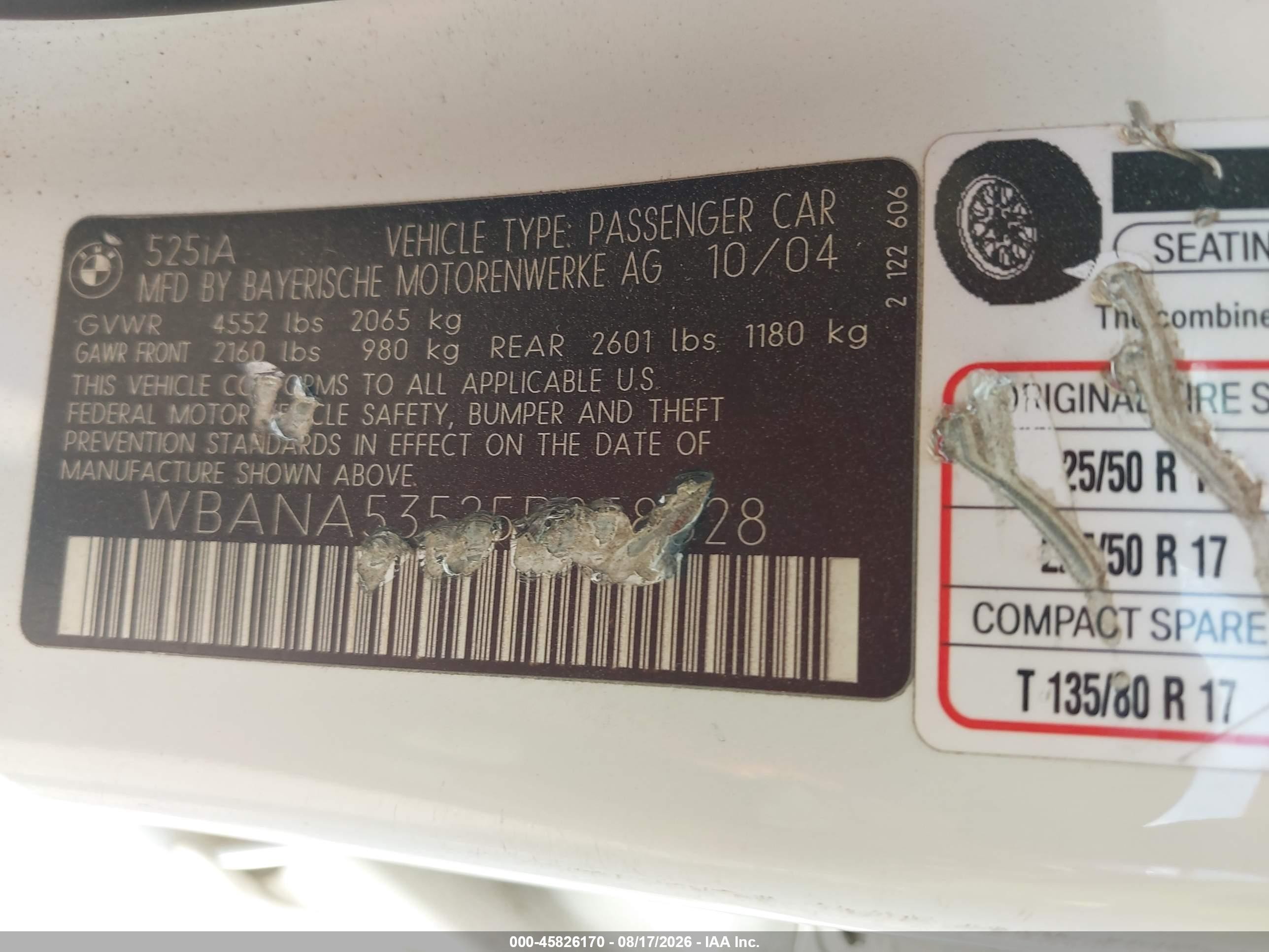 2005 Bmw 525i   White vin: WBANA53525B858828