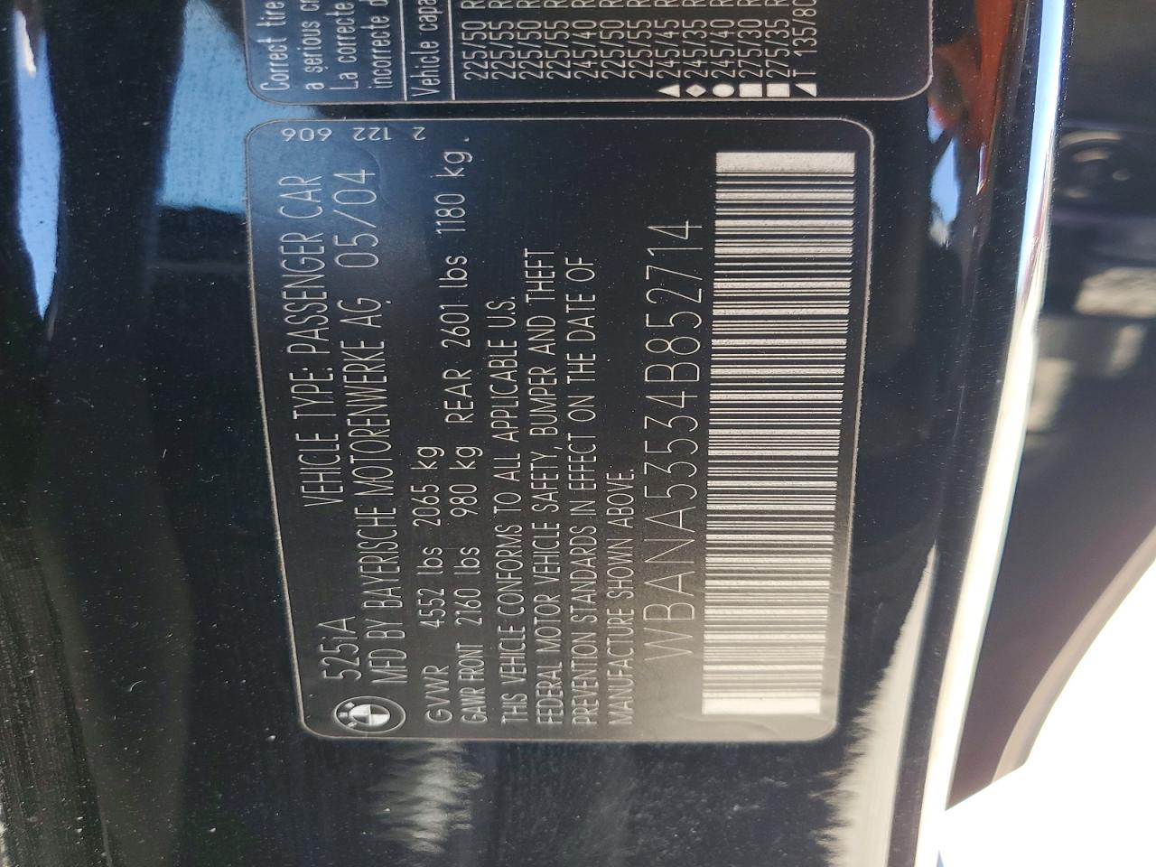 2004 Bmw 525 I Black vin: WBANA53534B852714