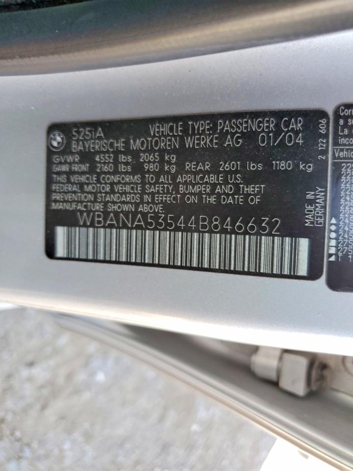 2004 Bmw 525 I Silver vin: WBANA53544B846632
