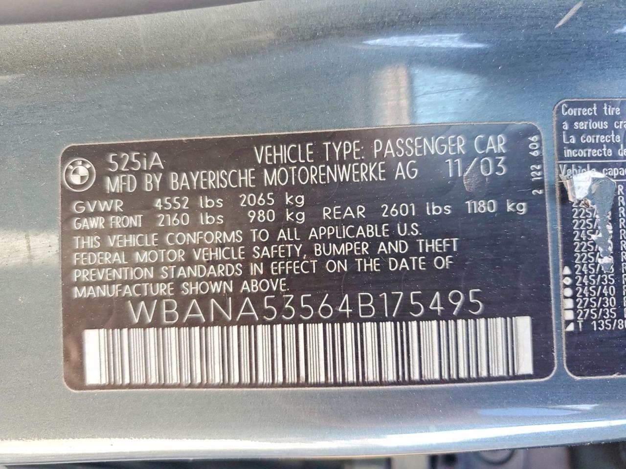 2004 Bmw 525 I Серый vin: WBANA53564B175495