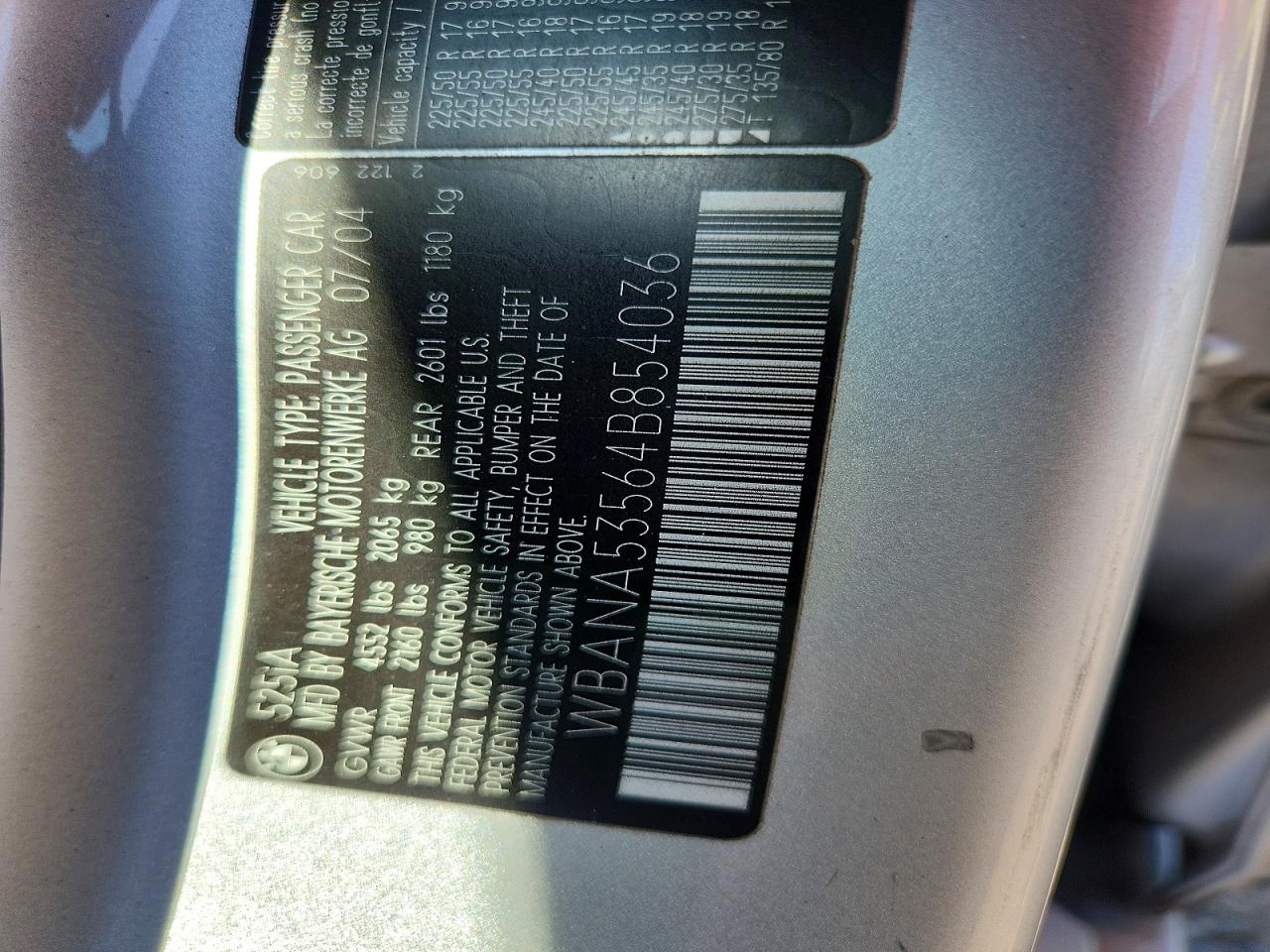 2004 Bmw 525 I Silver vin: WBANA53564B854036
