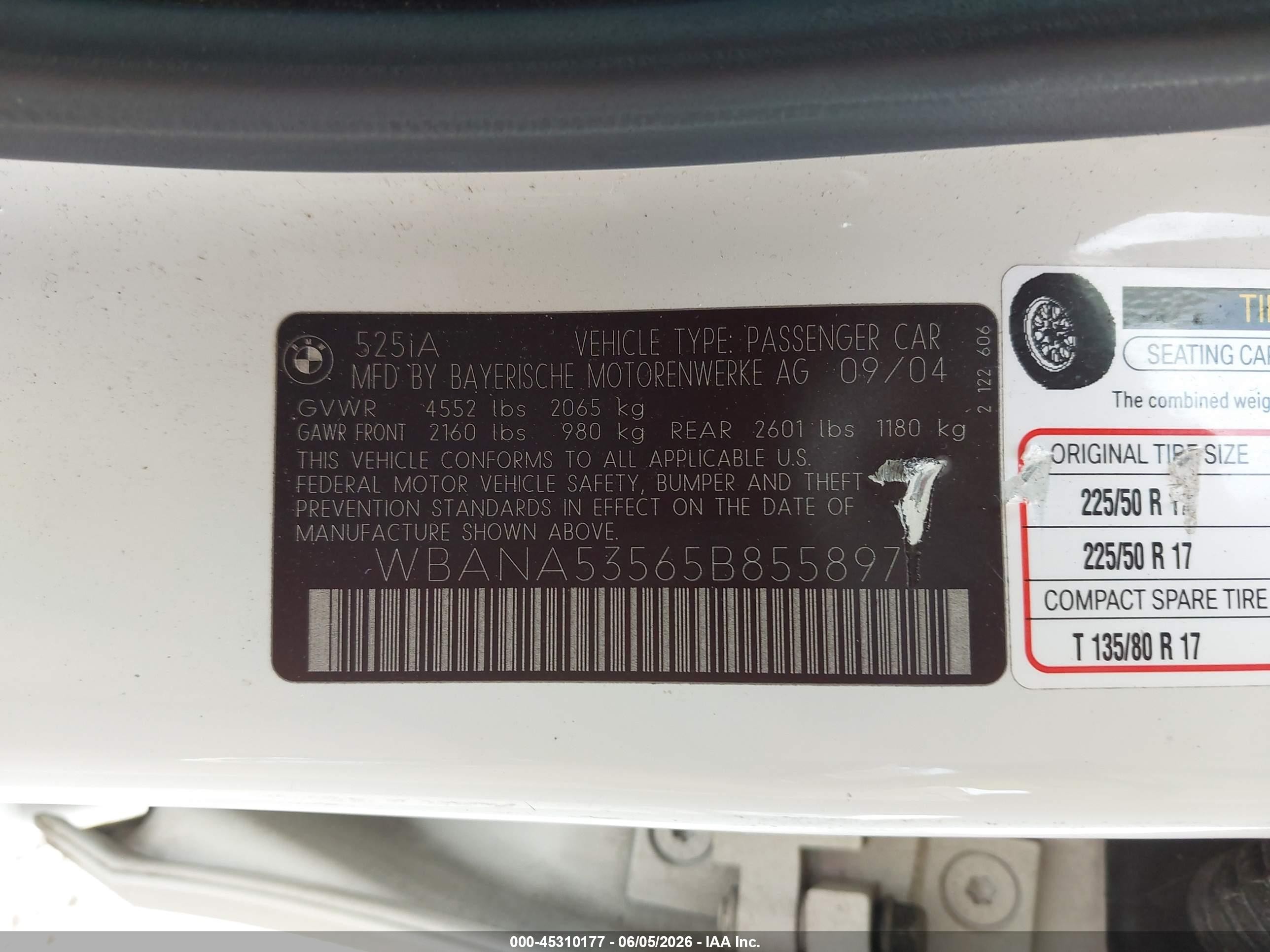 2005 Bmw 525i Белый vin: WBANA53565B855897