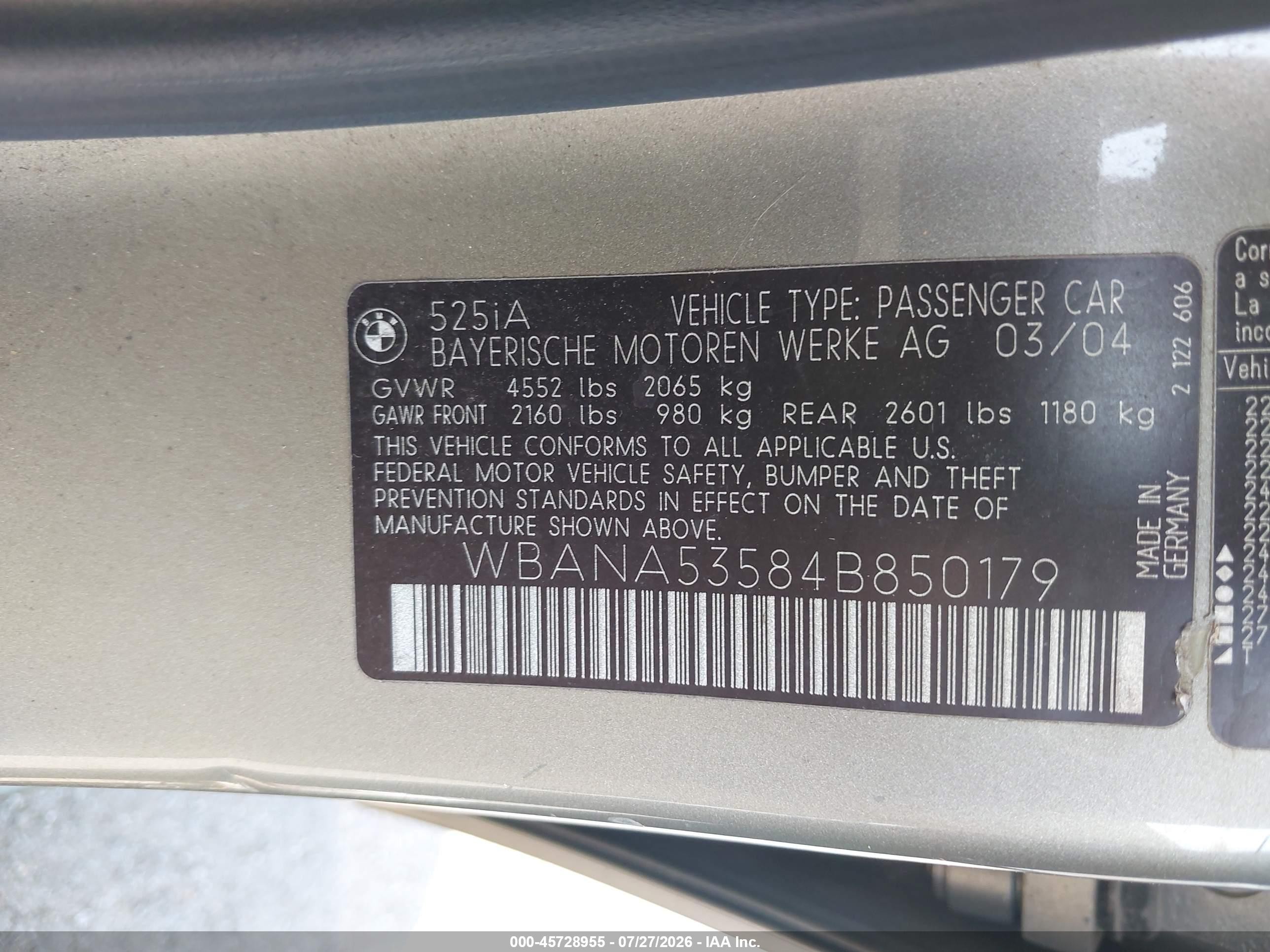 2004 Bmw 525i   Золотой vin: WBANA53584B850179