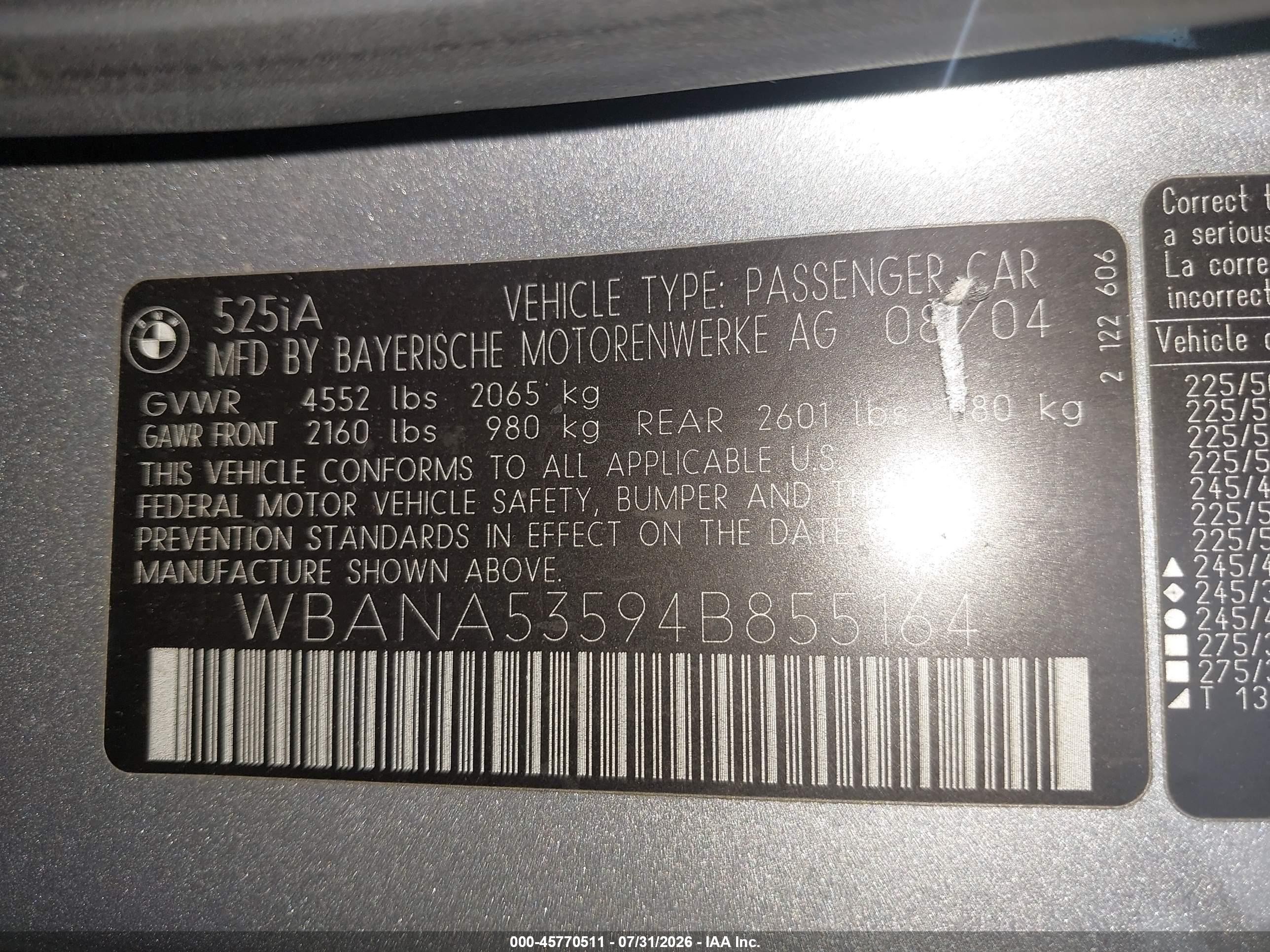 2004 Bmw 525i   Gray vin: WBANA53594B855164