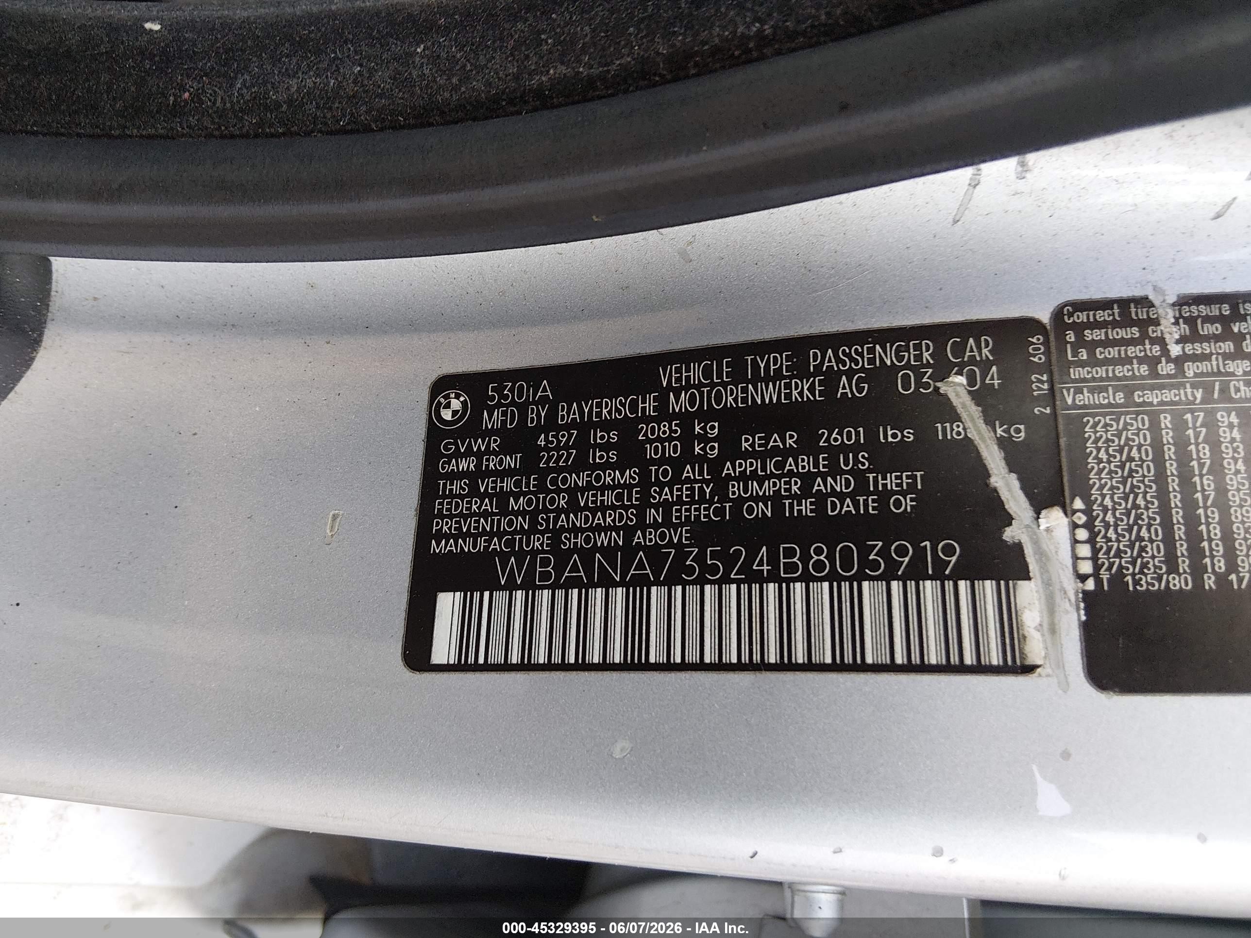 2004 Bmw 530i   Silver vin: WBANA73524B803919