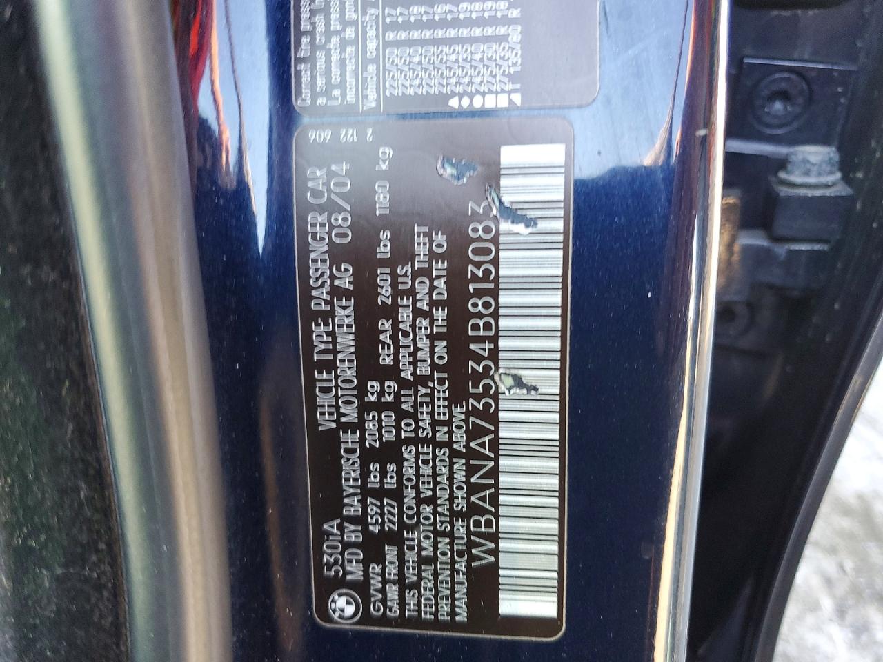 2004 Bmw 530 I Синий vin: WBANA73534B813083