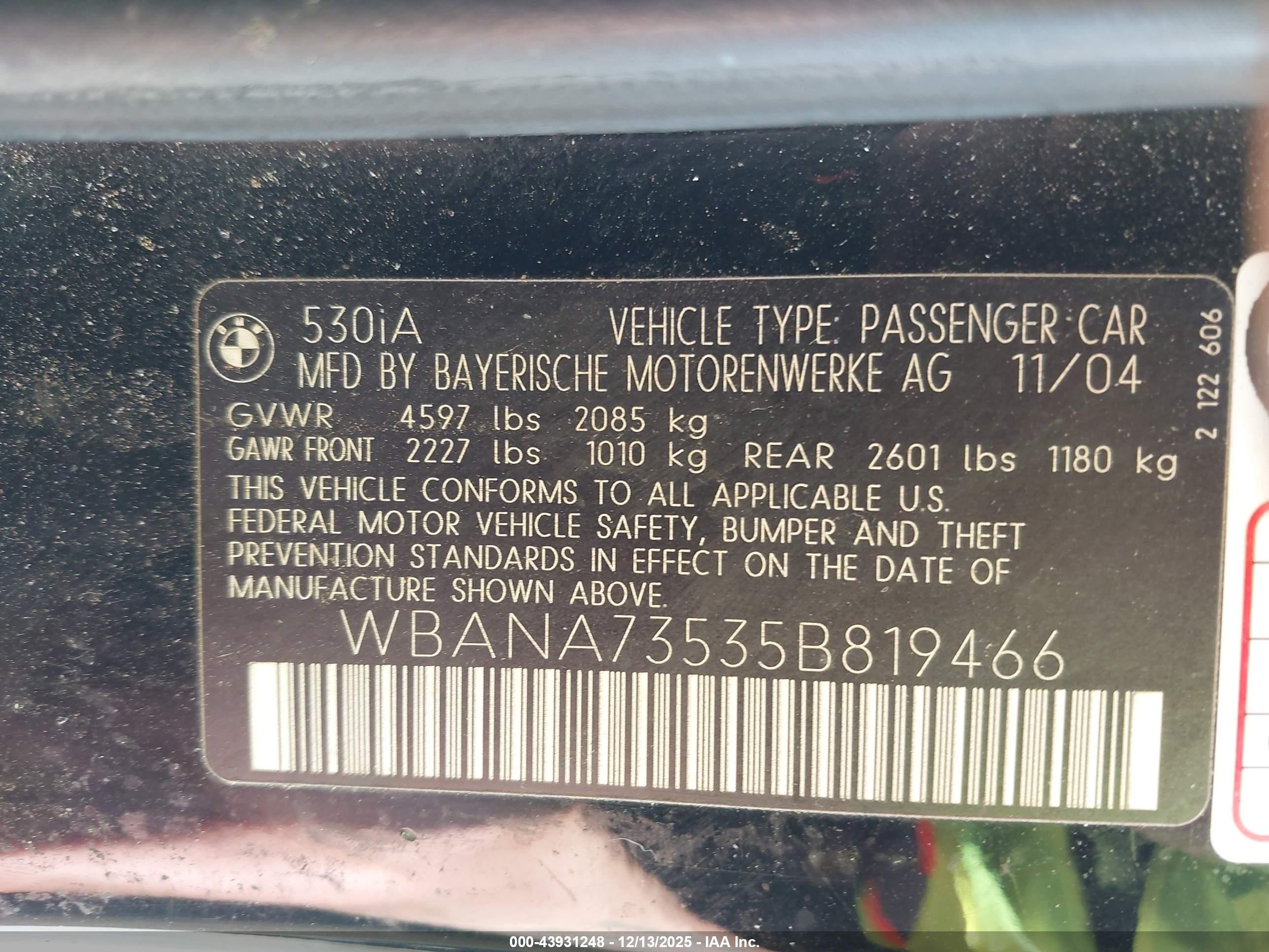 2005 Bmw 530i   Black vin: WBANA73535B819466